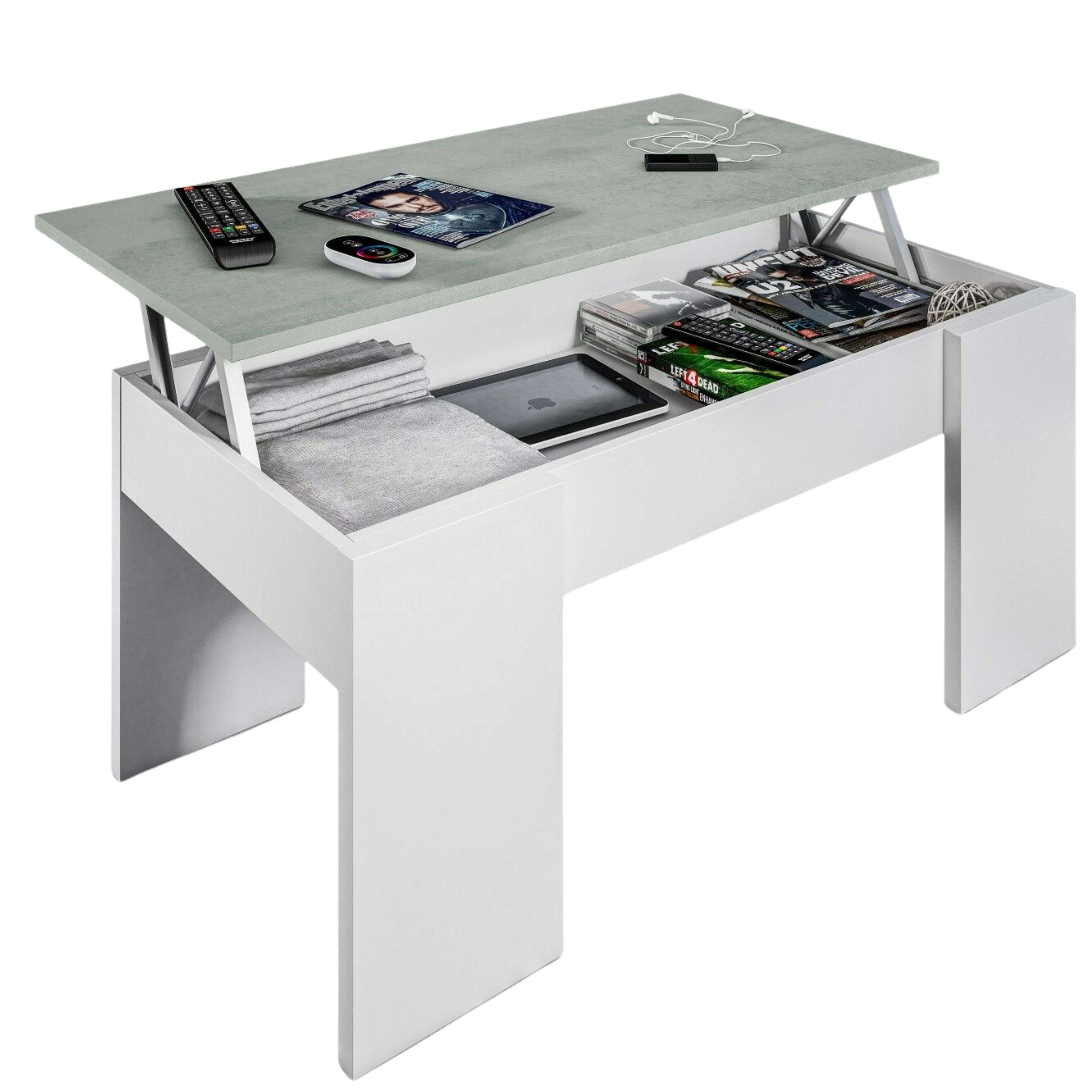 Mesa de centro blanca con tapa elevable, almacenaje con revistas y tablet.