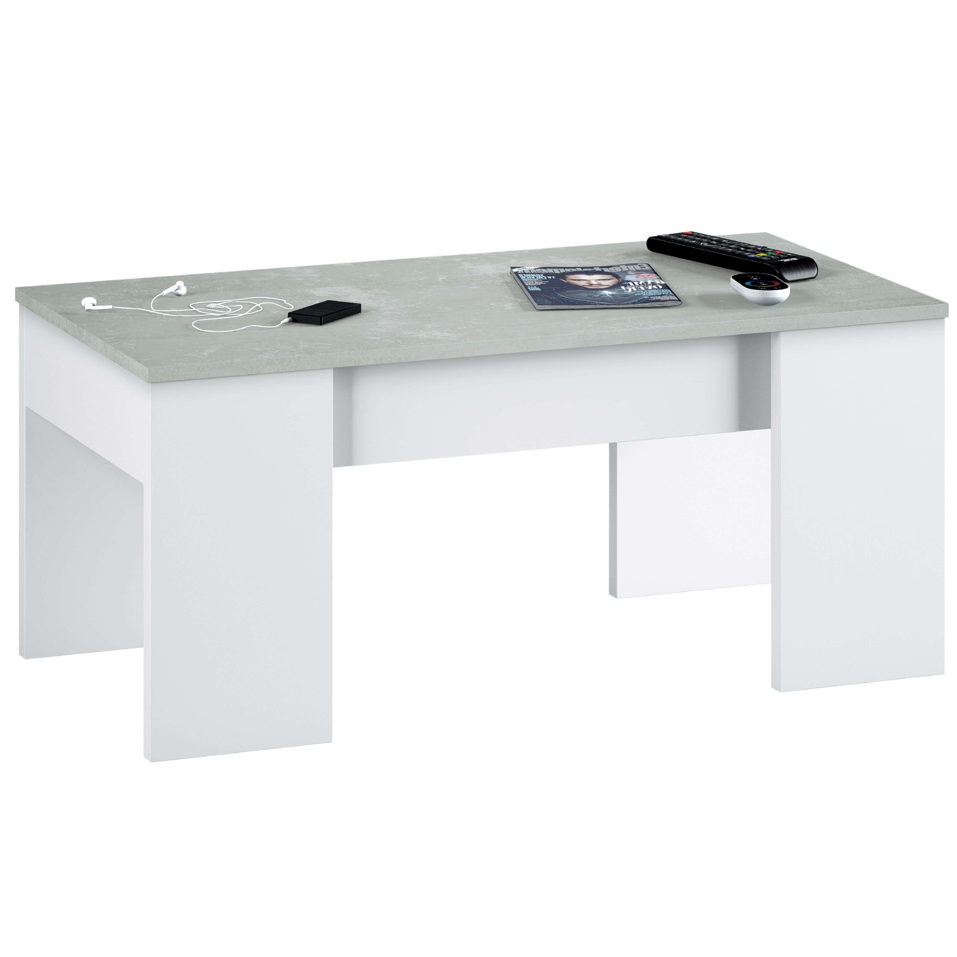 Mesa de centro blanca con tapa gris efecto hormigón, con auriculares, teléfono, revista y mandos.