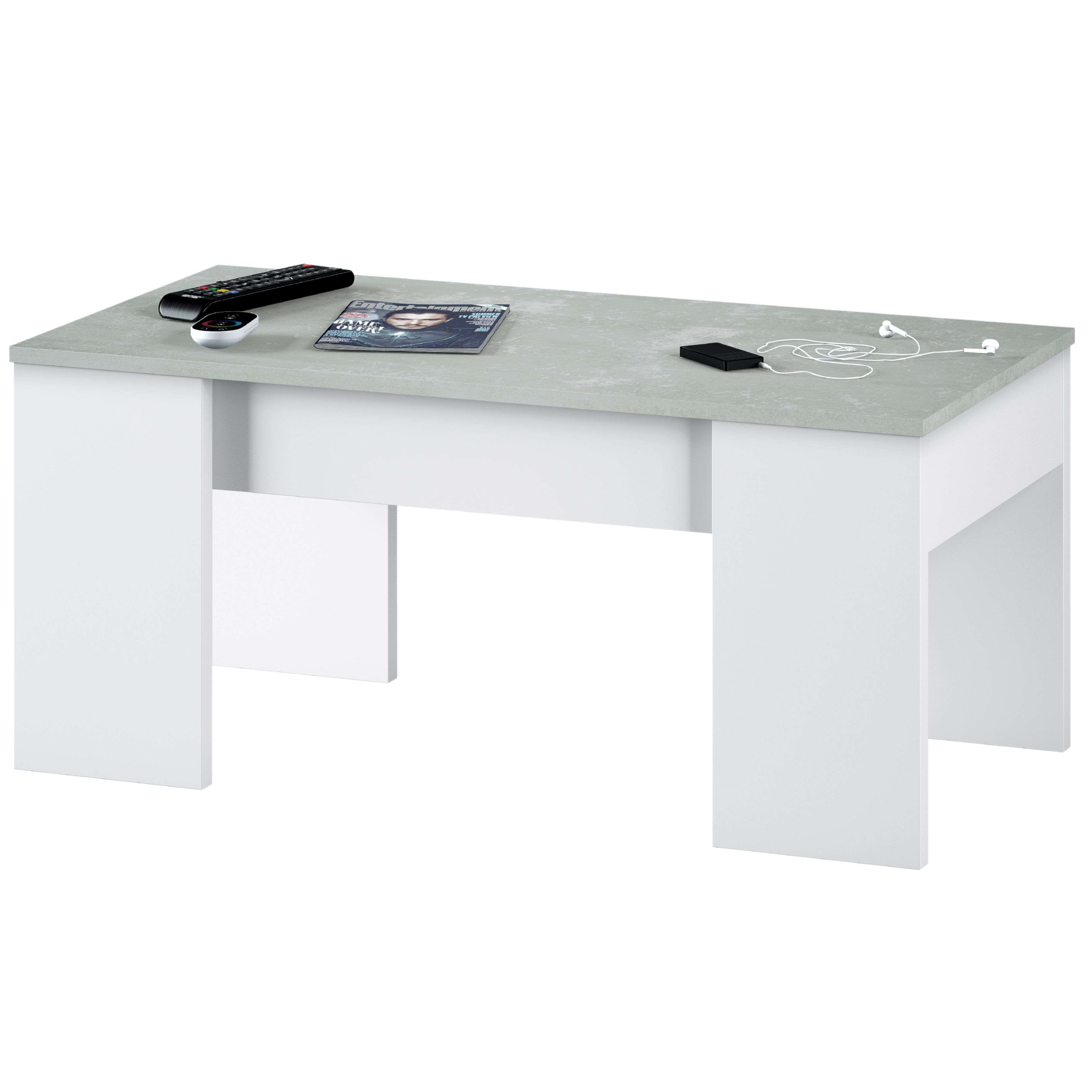 Una mesa de centro blanca moderna con tapa gris efecto piedra, mandos, móvil y auriculares.