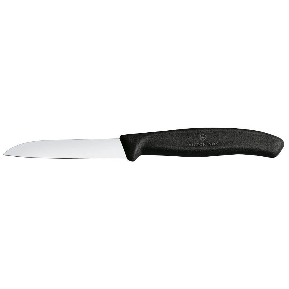 Beyaz arka plan üzerinde siyah saplı ve parlak bıçaklı bir Victorinox bıçağı.