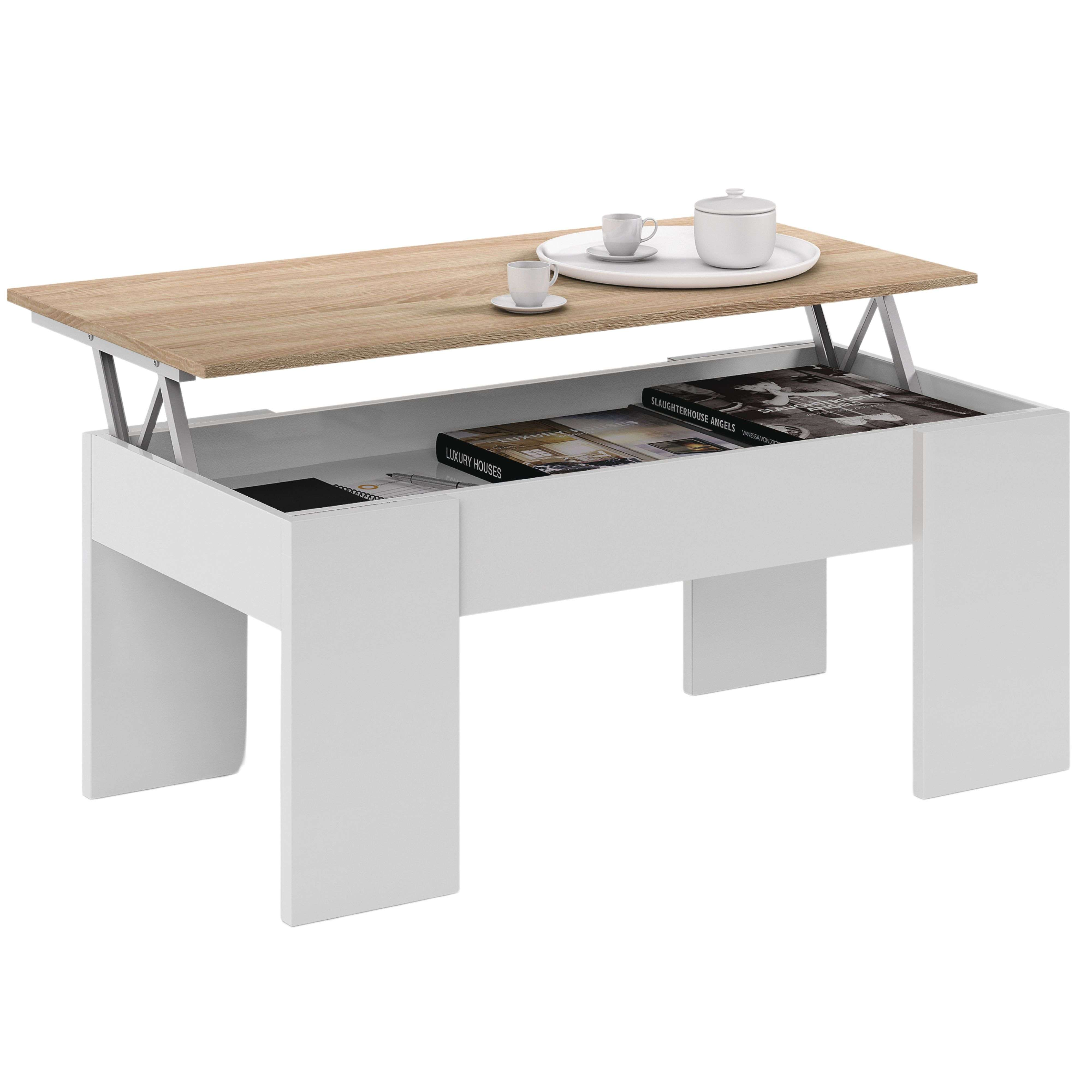 Mesa de centro blanca con tapa de madera elevable, con taza y tetera encima.
