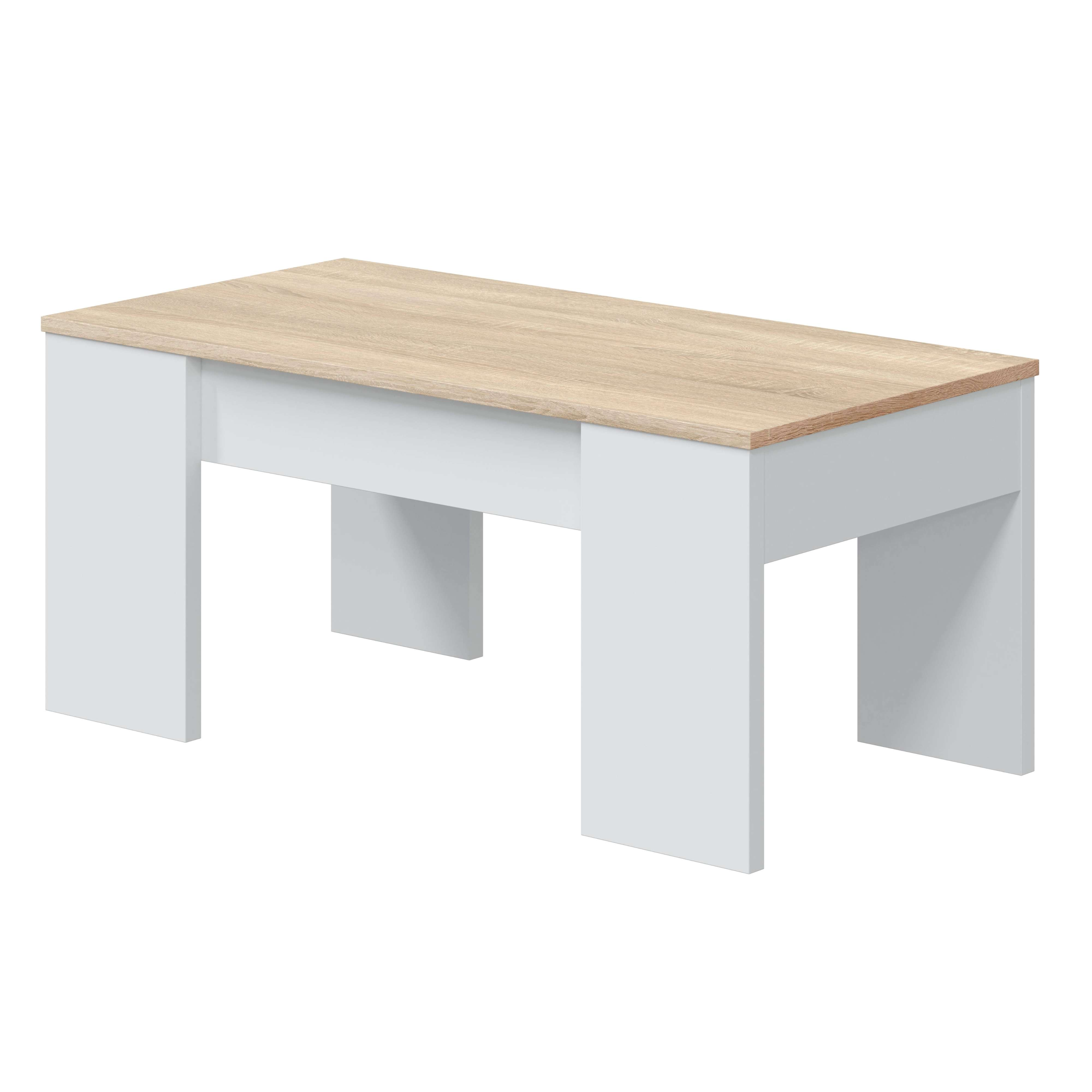 Una mesa de centro rectangular con base blanca y tapa de madera clara.