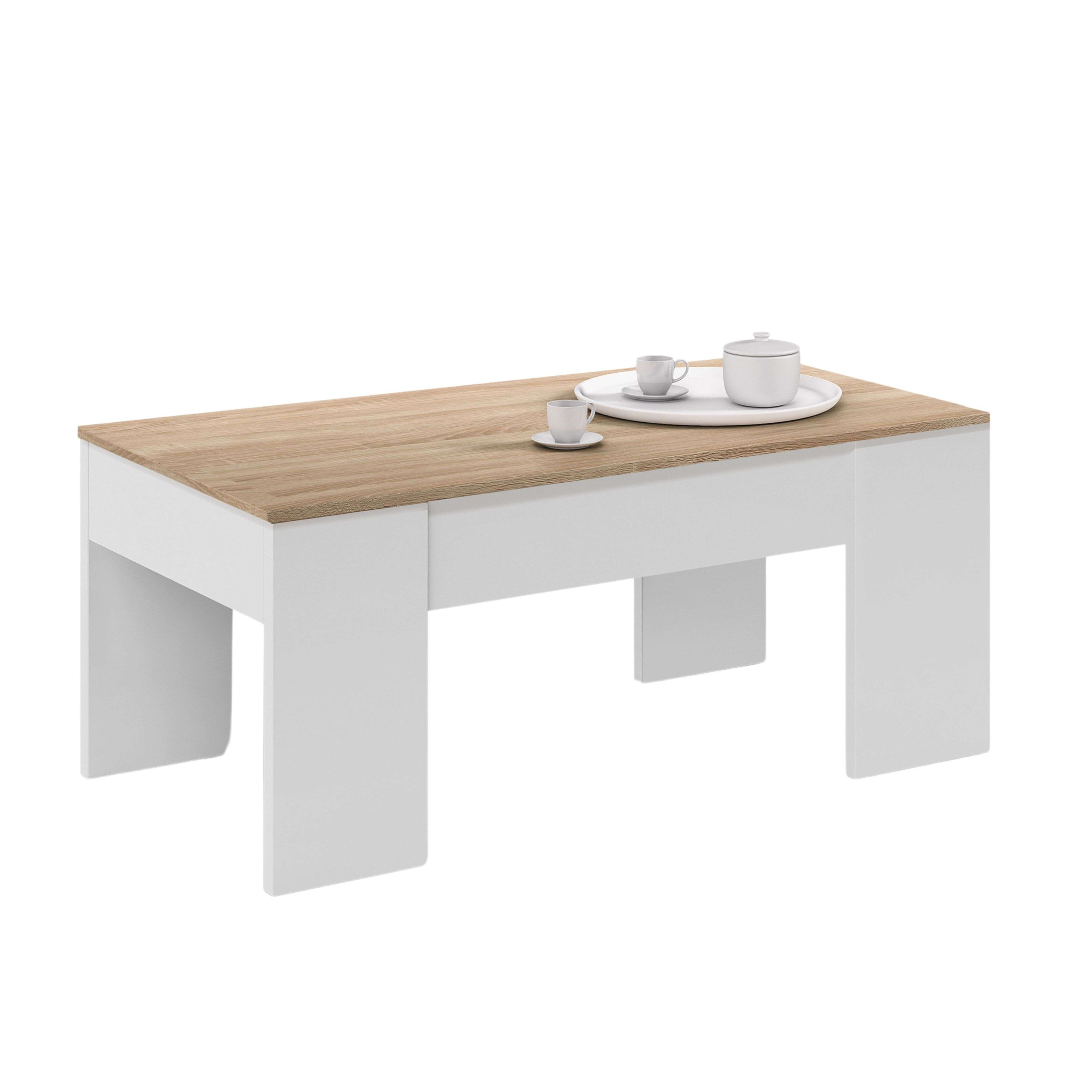 Una mesa de centro blanca con tapa de madera y dos tazas en una bandeja.