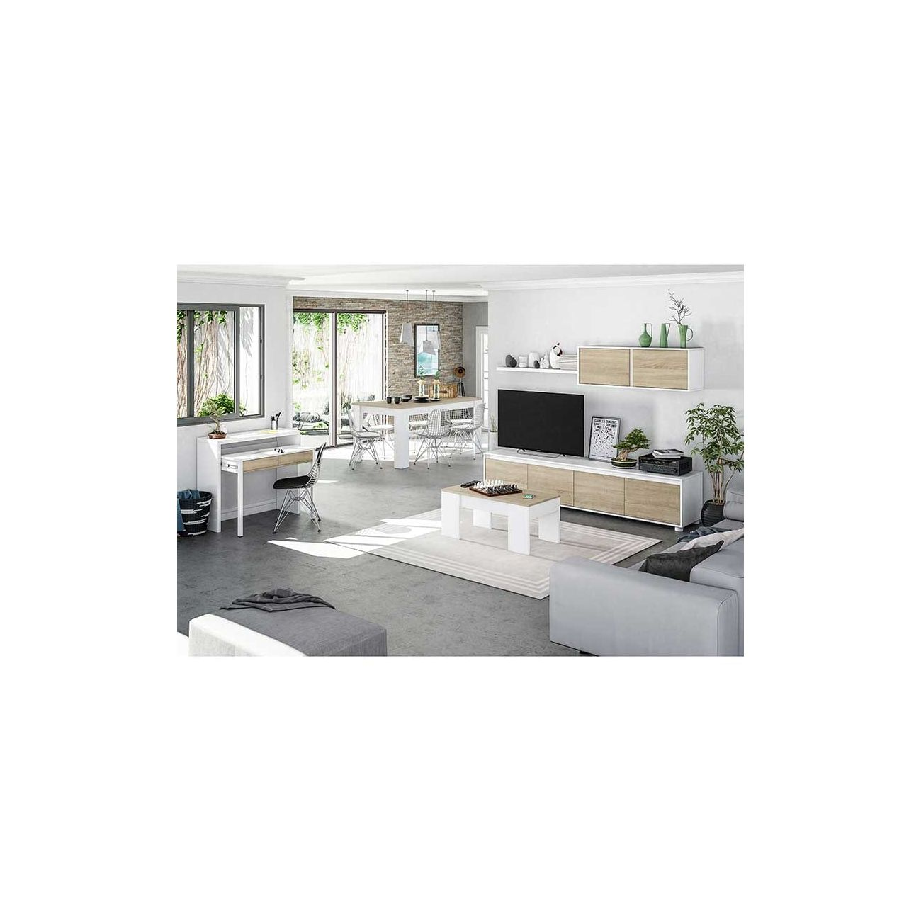 Una sala de estar moderna con comedor, escritorio y televisión.
