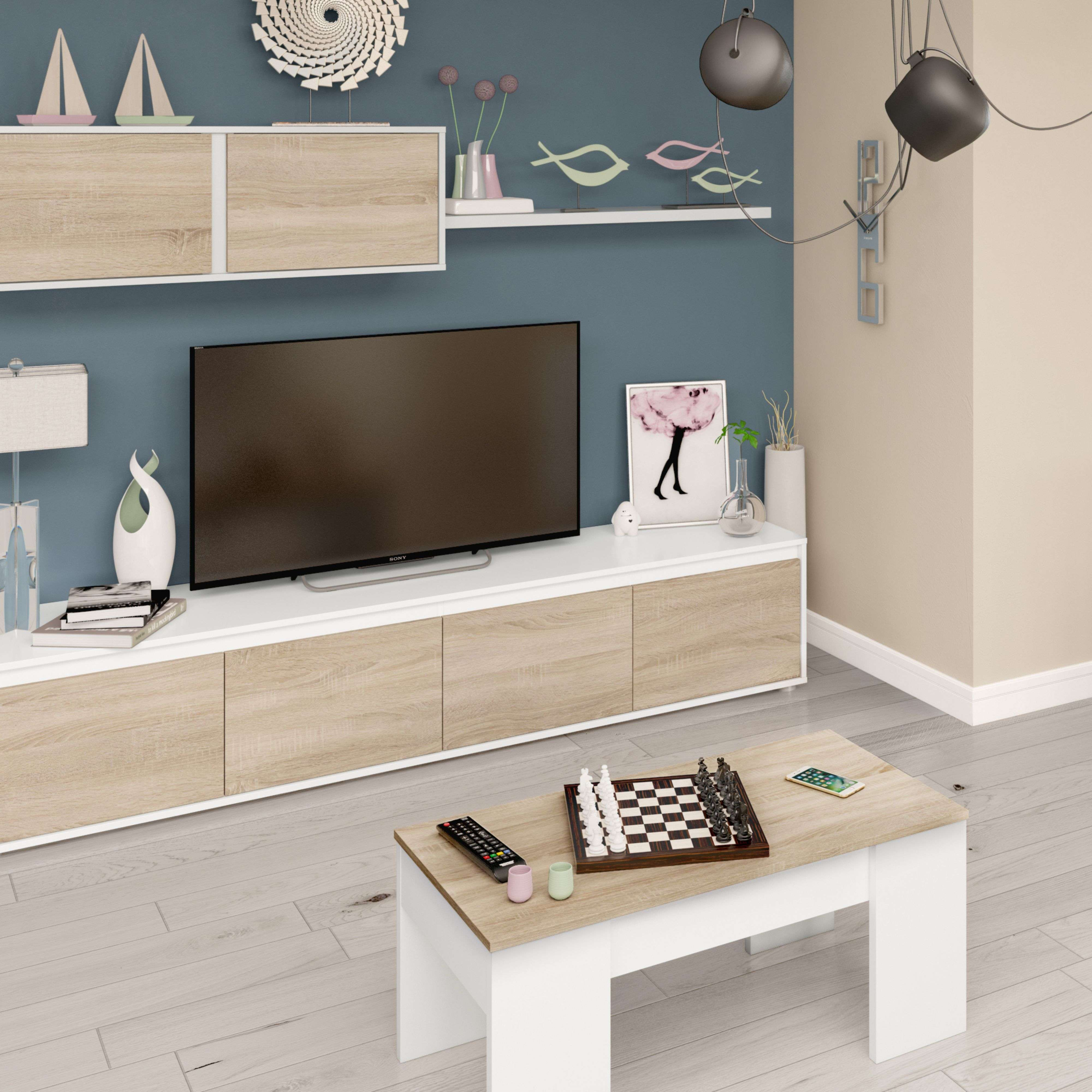 Sala de estar moderna con TV, tablero de ajedrez y teléfono en mesa de centro.