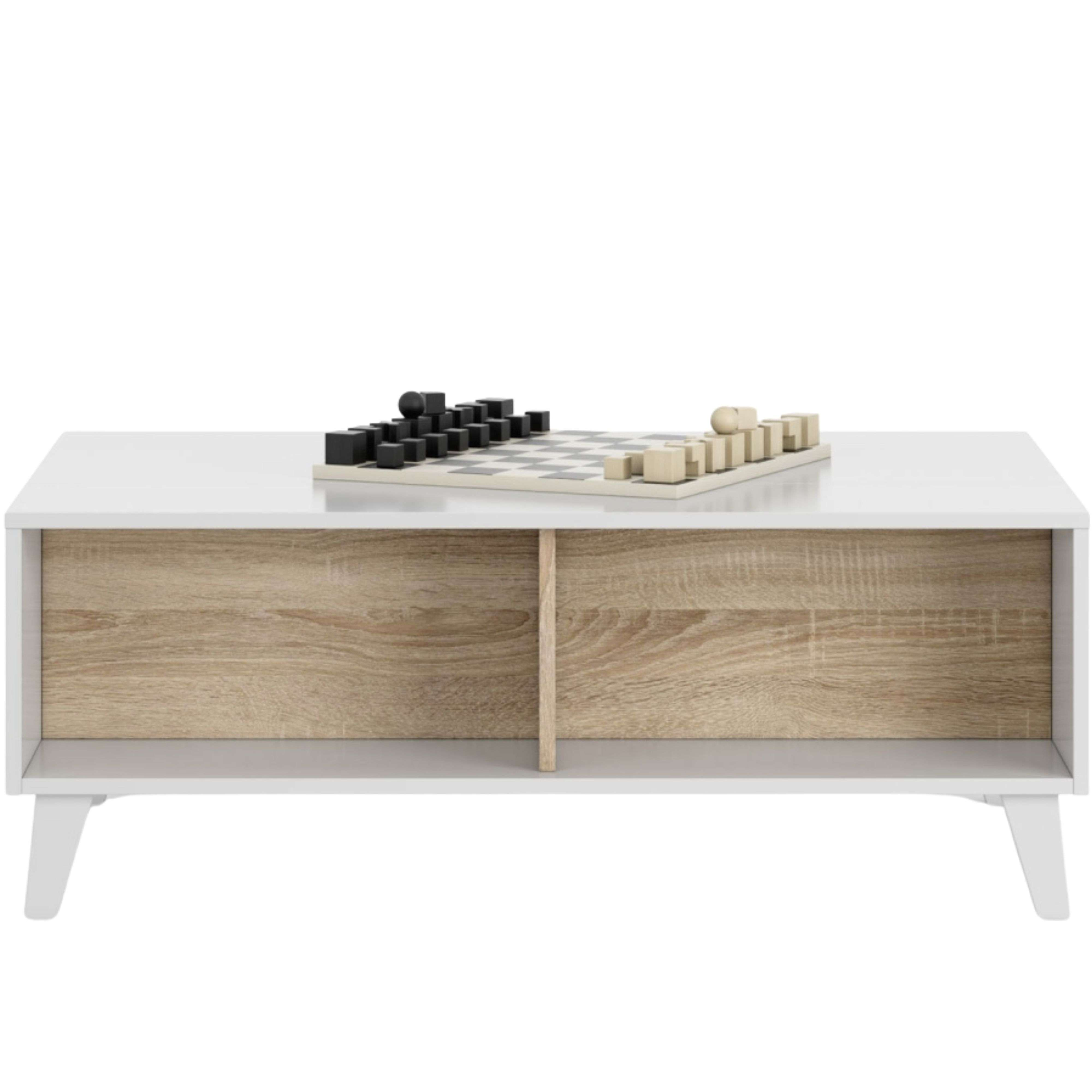 Mesa de centro blanca moderna con compartimentos de madera y piezas de ajedrez.