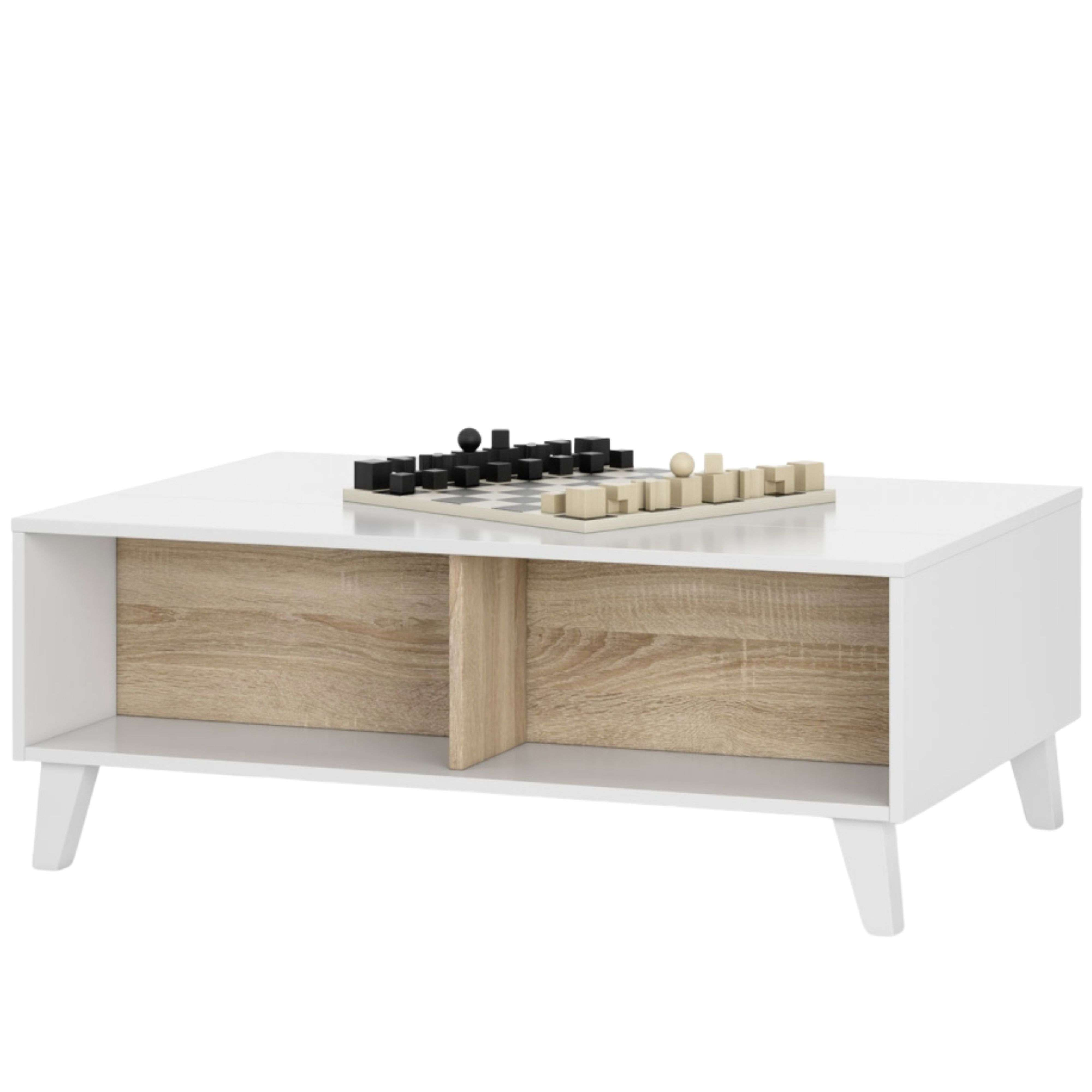 Una mesa de centro blanca con detalles de madera y piezas de ajedrez.