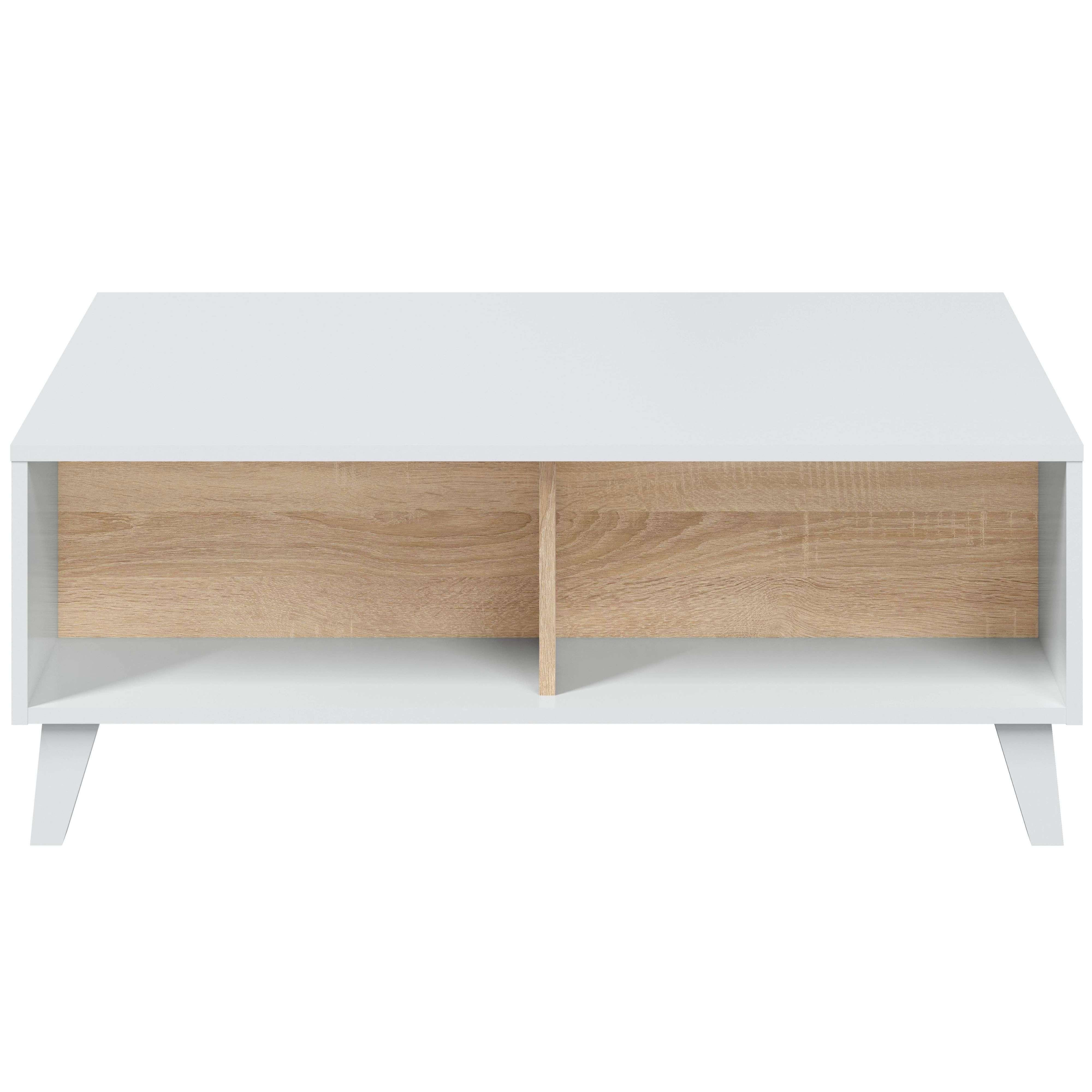 Una mesa de centro moderna blanca con detalles de madera y patas anguladas.