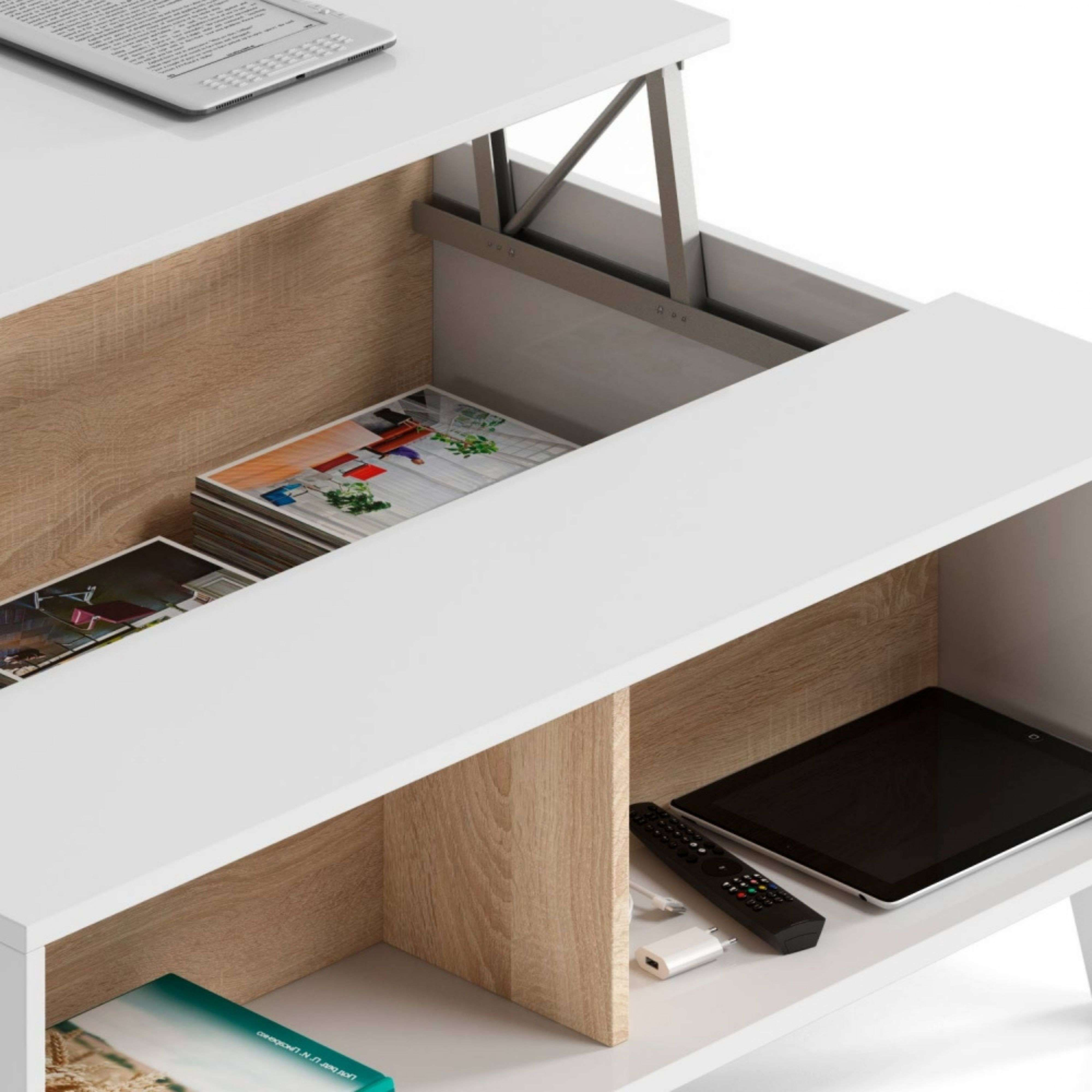 Mesa de centro elevable con compartimentos, tablet, mando, cargador y libros.