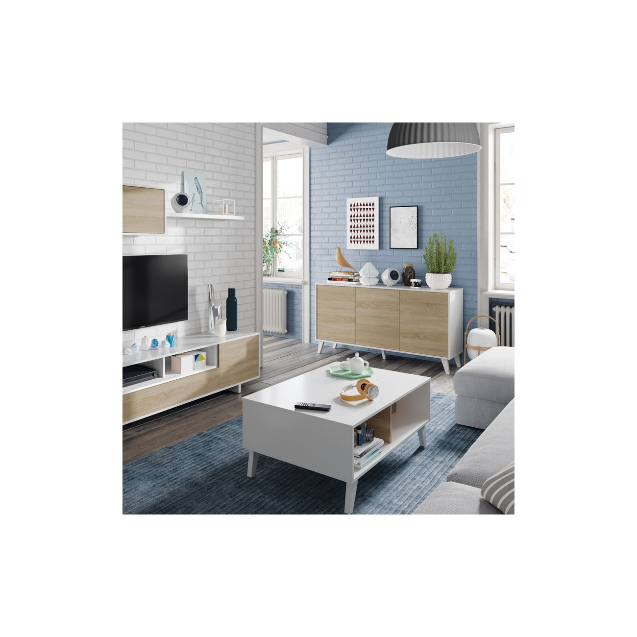 Sala de estar moderna con sofá blanco, mesa de centro, mueble de TV y aparador.