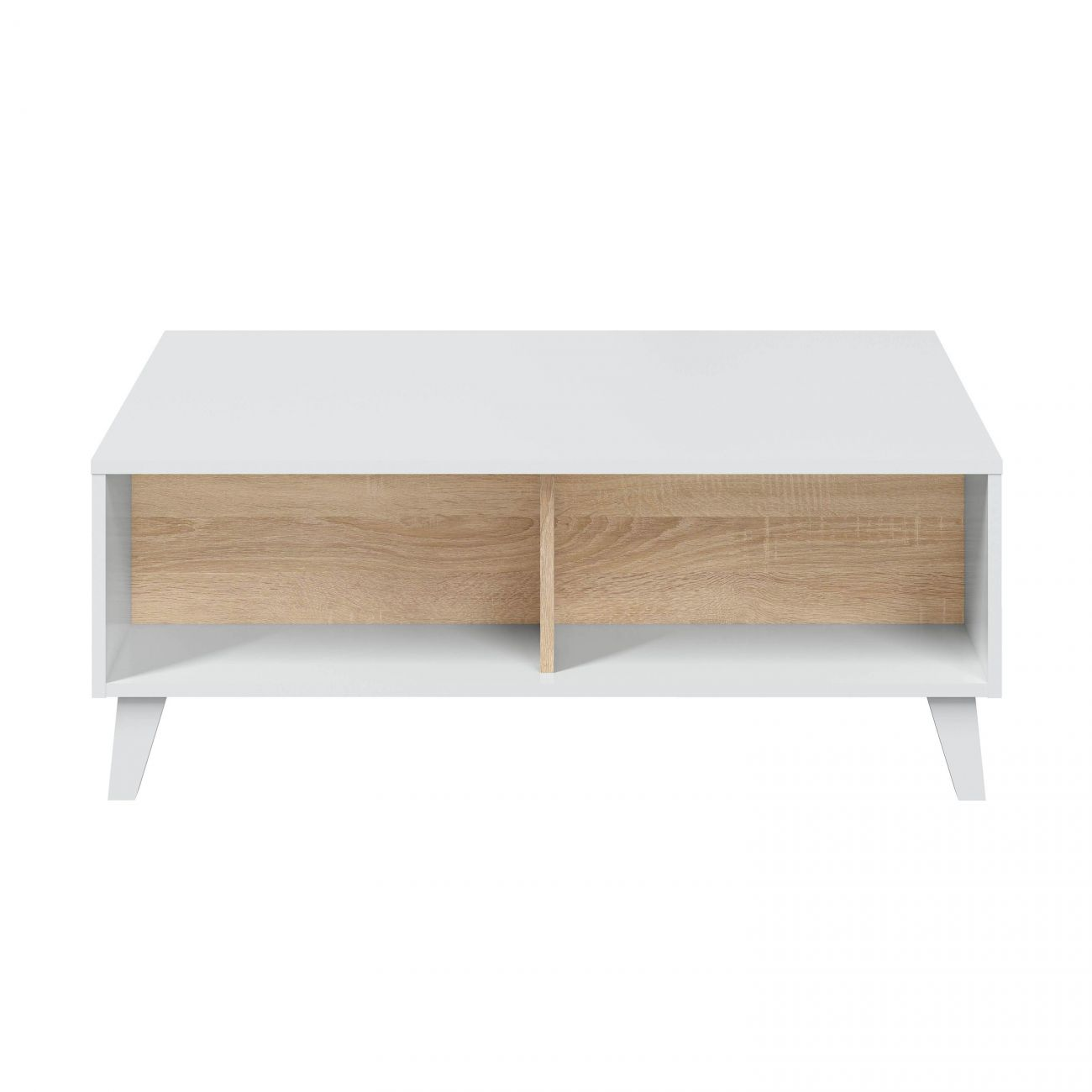 Mesa de centro blanca moderna con frente de madera y estante abierto.