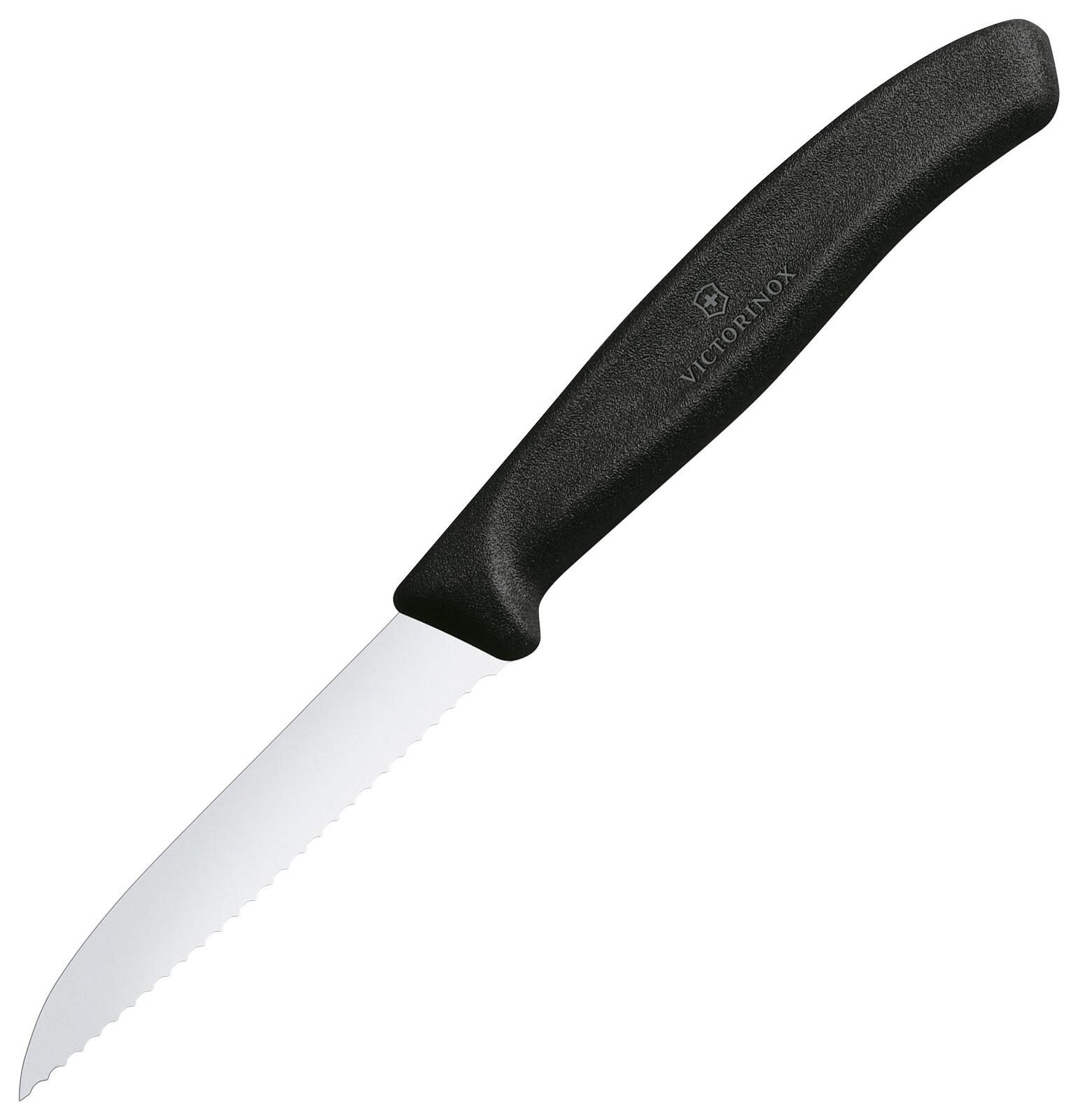 Siyah saplı ve tırtıklı bıçaklı sivri uçlu Victorinox bıçağı.