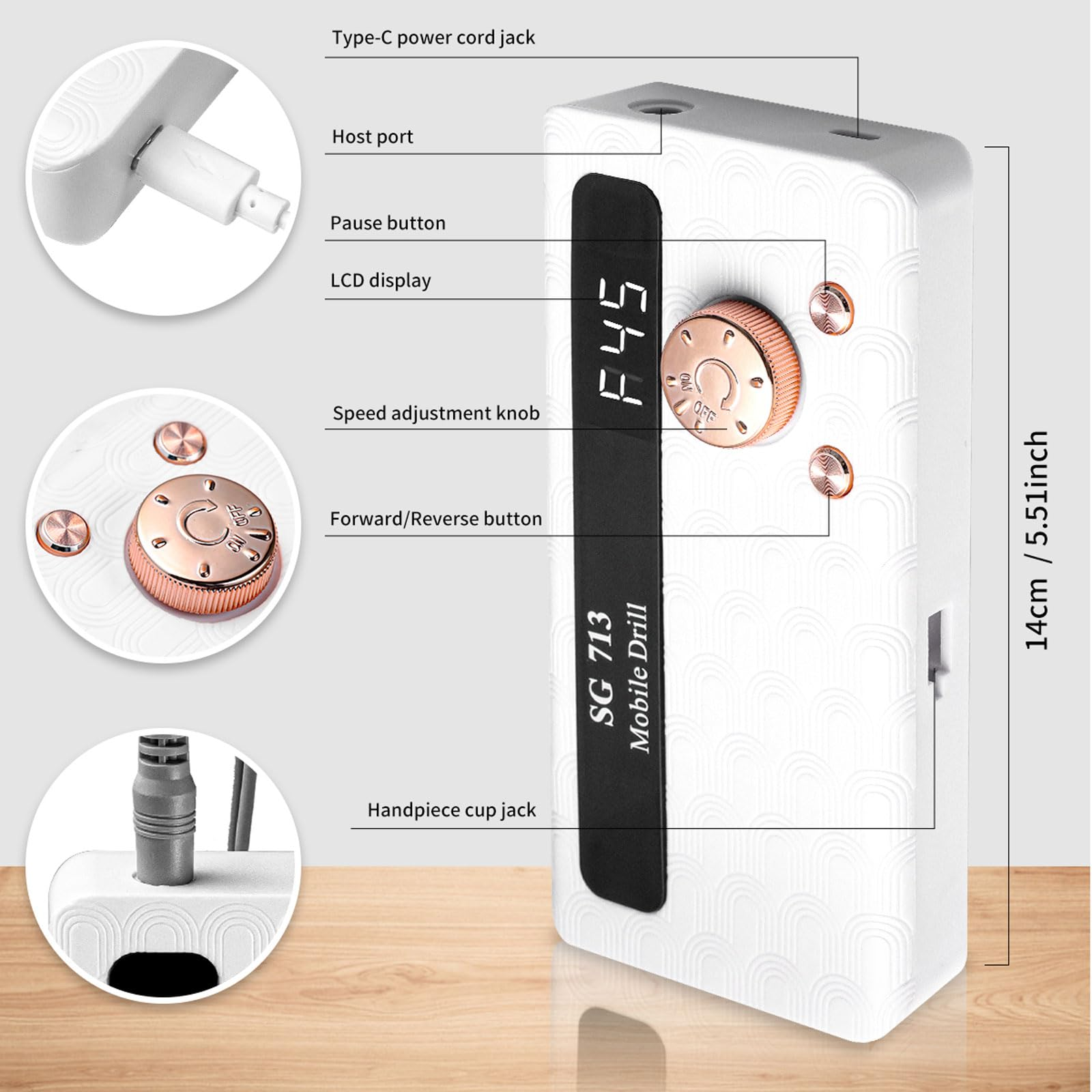 Weißes mobiles Bohrergerät mit LCD-Display, Knopf und Anschlüssen.