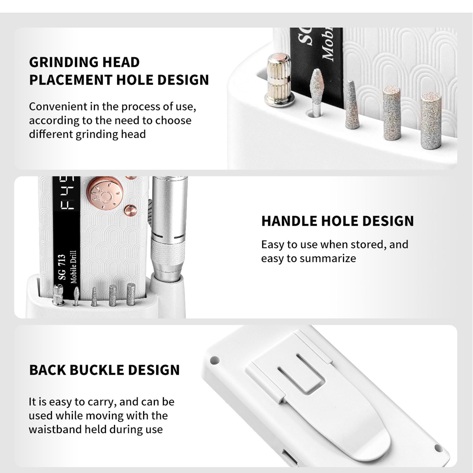 Nahaufnahme von Schleifaufsätzen, einer Bohrerhand und einem Clip-Design.