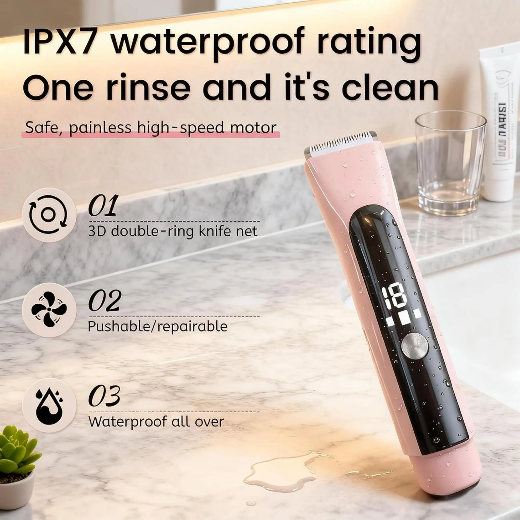 Ein pinker Haarschneider mit digitaler Anzeige, IPX7-wasserdicht, auf einem Marmortisch.