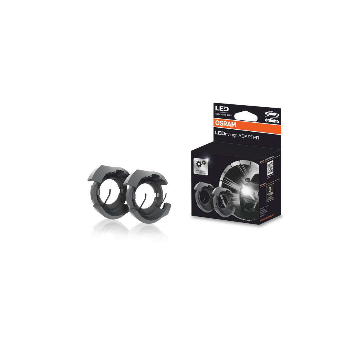 Zwei graue LED-Adapter und eine Osram-Verpackung mit LEDriving-Adapter-Logo.