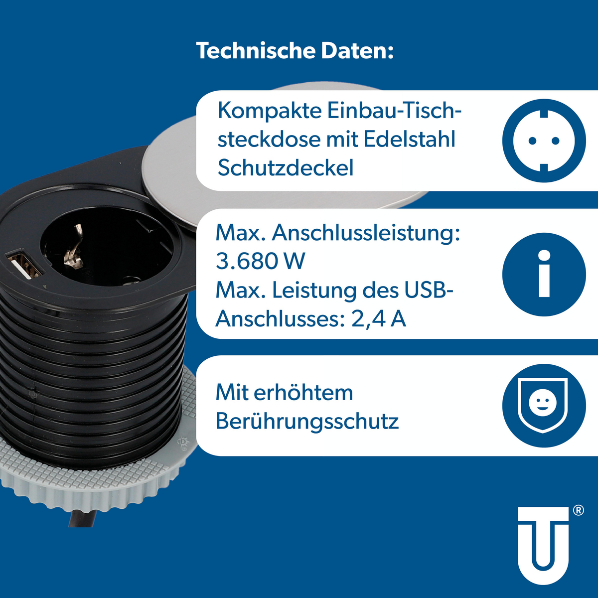 Technische Daten: Kompakte Einbau-Tischsteckdose mit Edelstahl-Schutzdeckel und USB.