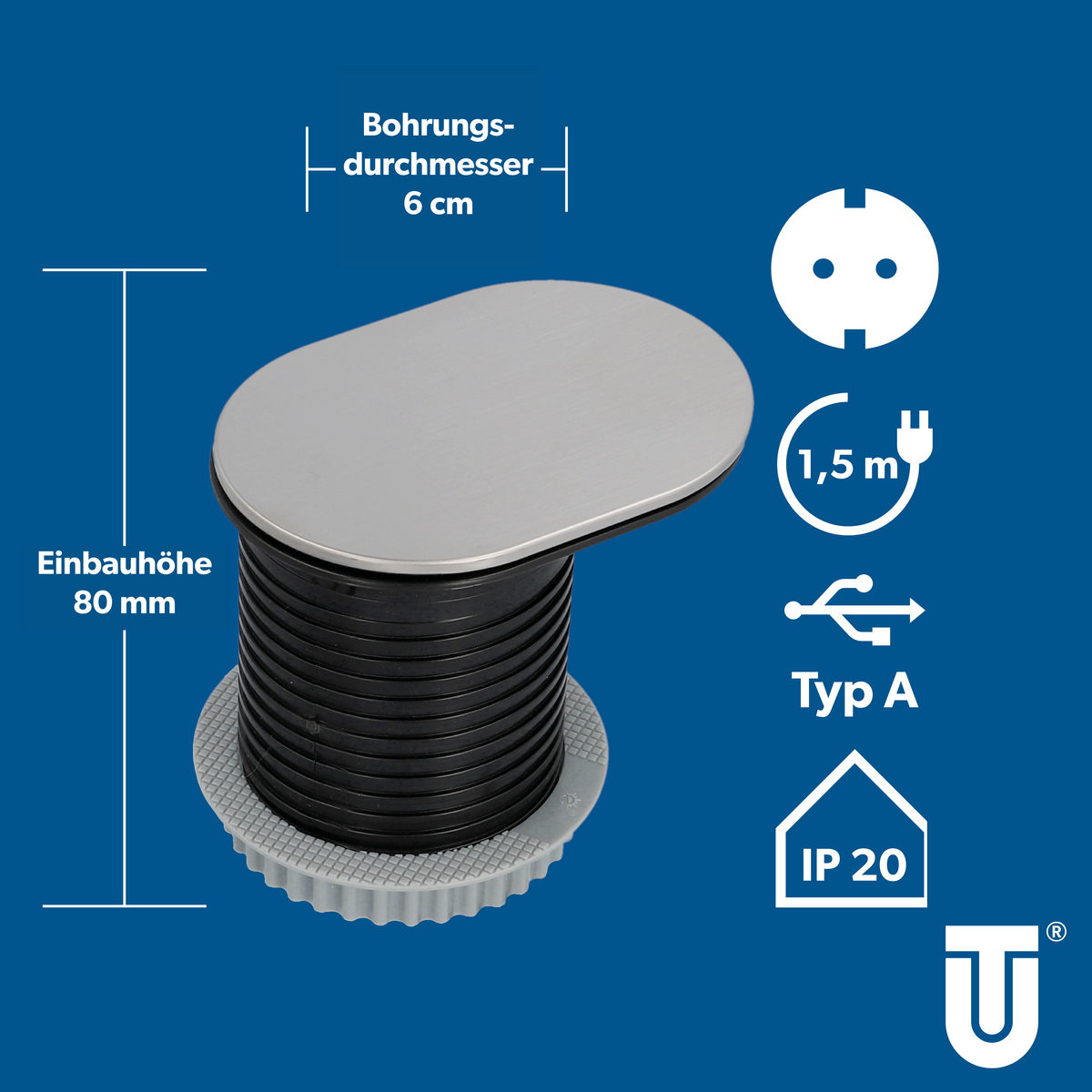 Einbau-Steckdose: 6cm Bohrdurchmesser, 80mm Einbauhöhe, 1,5m Kabel, Typ A, IP20.