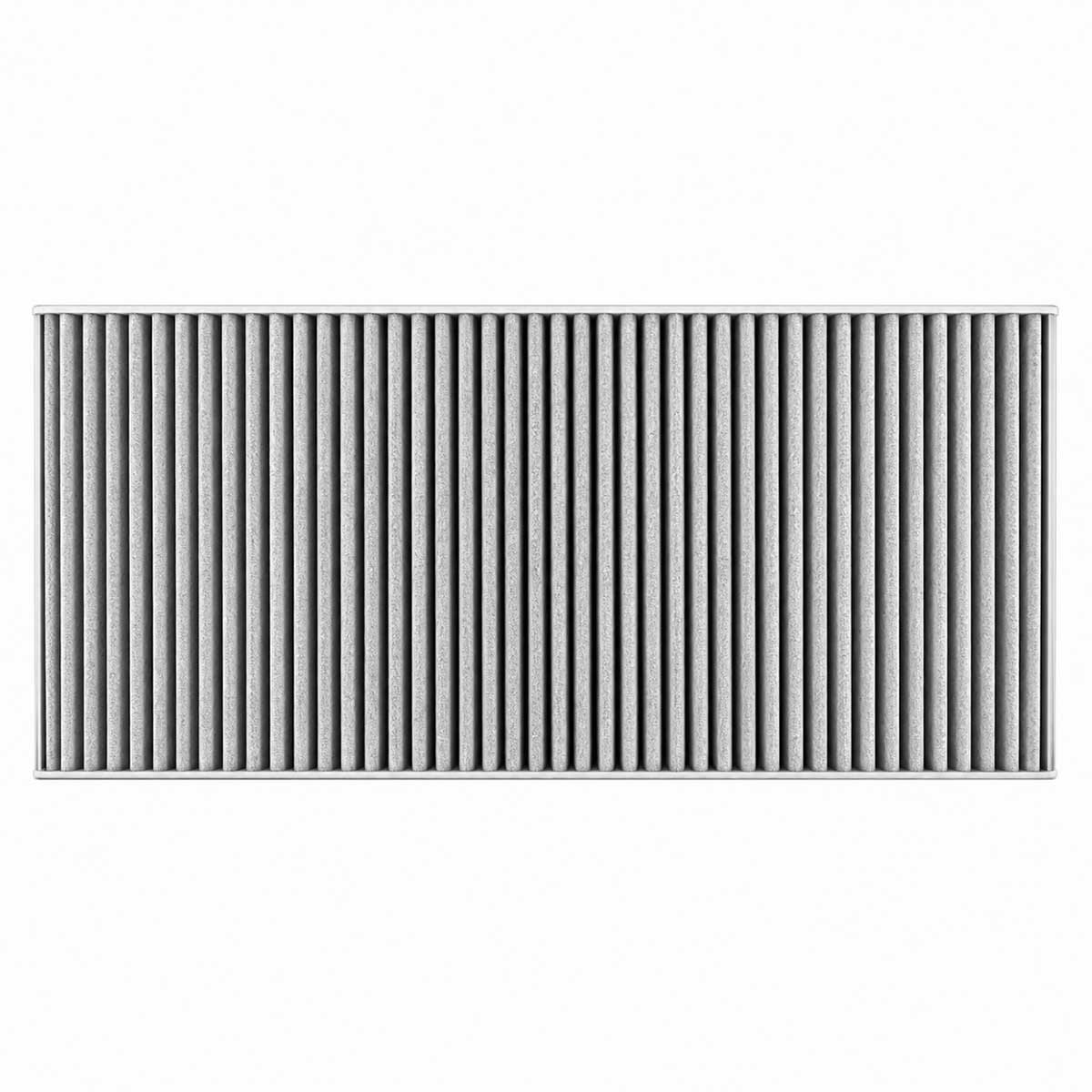 Ein grauer Luftfilter mit vielen vertikalen Lamellen.