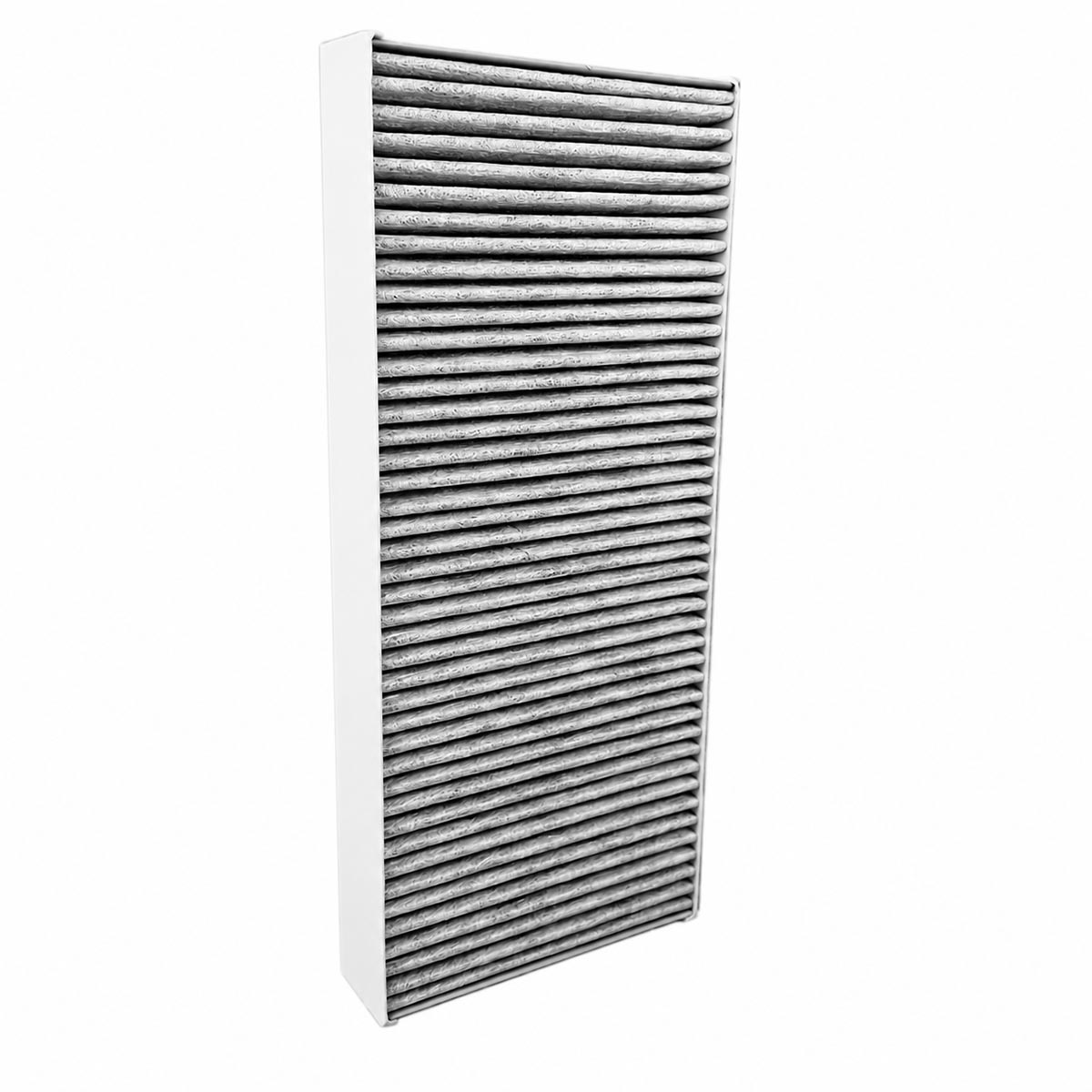 Ein rechteckiger, schmaler Luftfilter mit grauen Lamellen vor weißem Hintergrund.