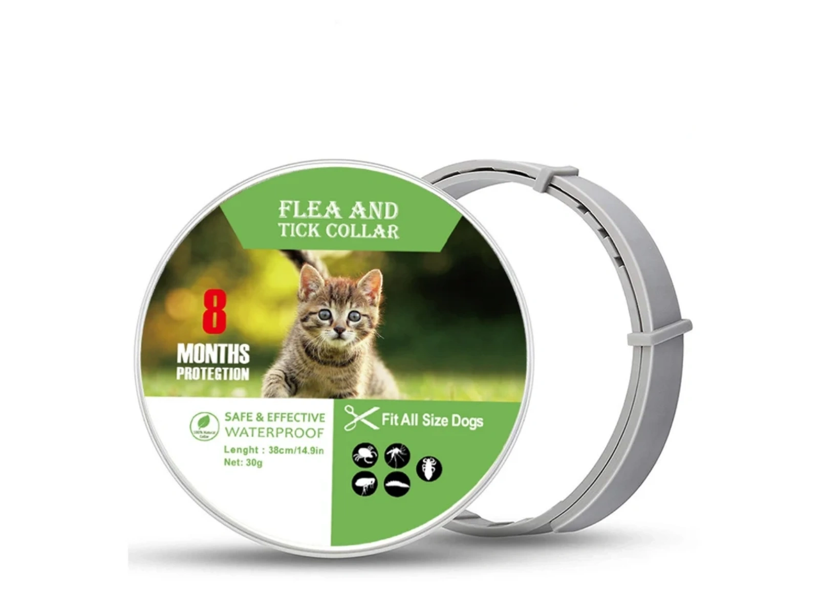 Ein grauer Floh- und Zeckenhalsband mit einer runden Verpackung, die eine Katze zeigt.