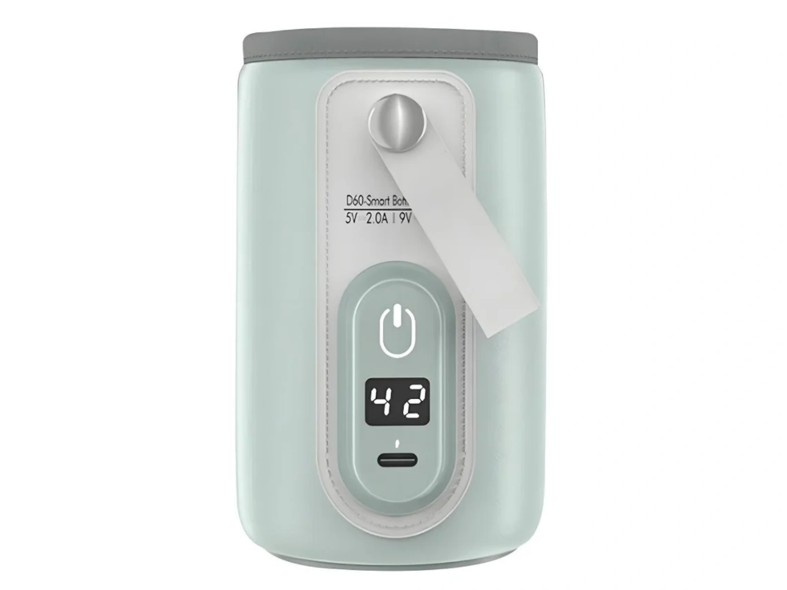 Ein hellgrünes Thermobecher mit digitaler Anzeige von 42 Grad und einem Power-Symbol.