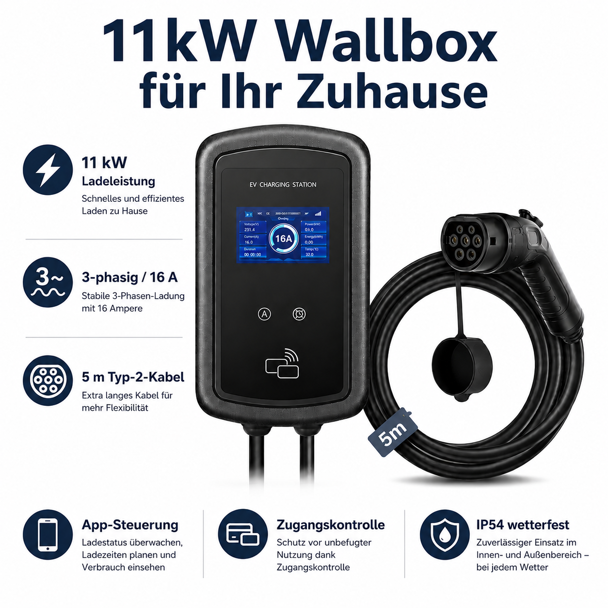 11kW Wallbox mit Ladekabel, Ladestation mit Display und 16A Anzeige.