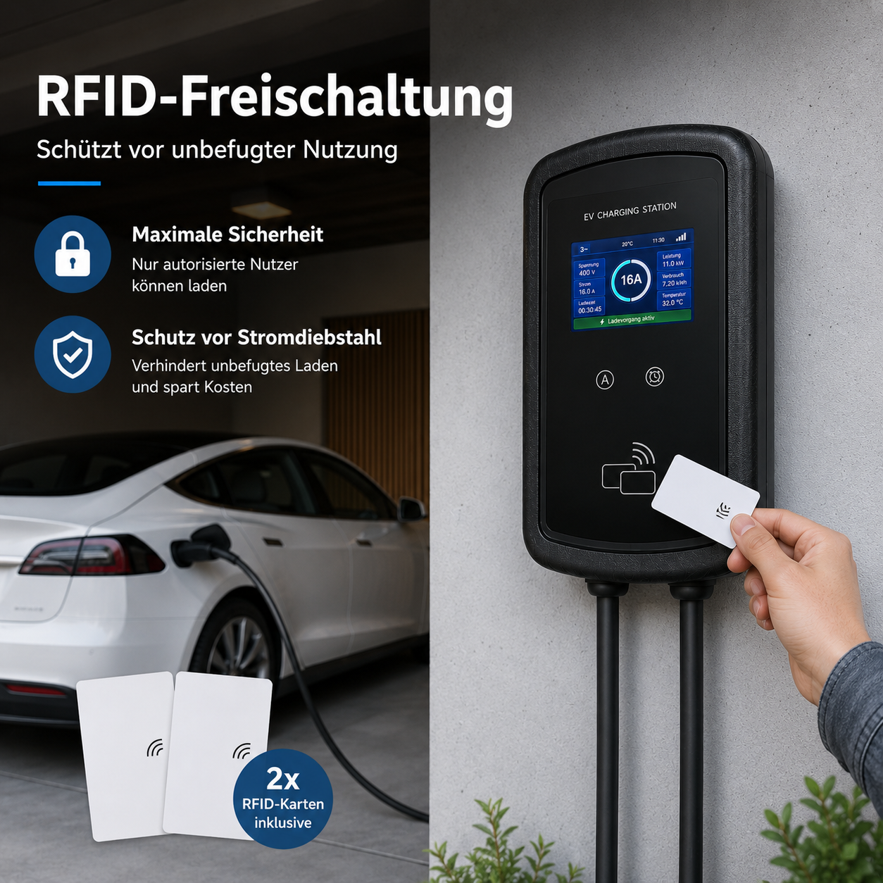 Eine Hand hält eine RFID-Karte an eine EV Ladestation neben einem weißen Tesla.