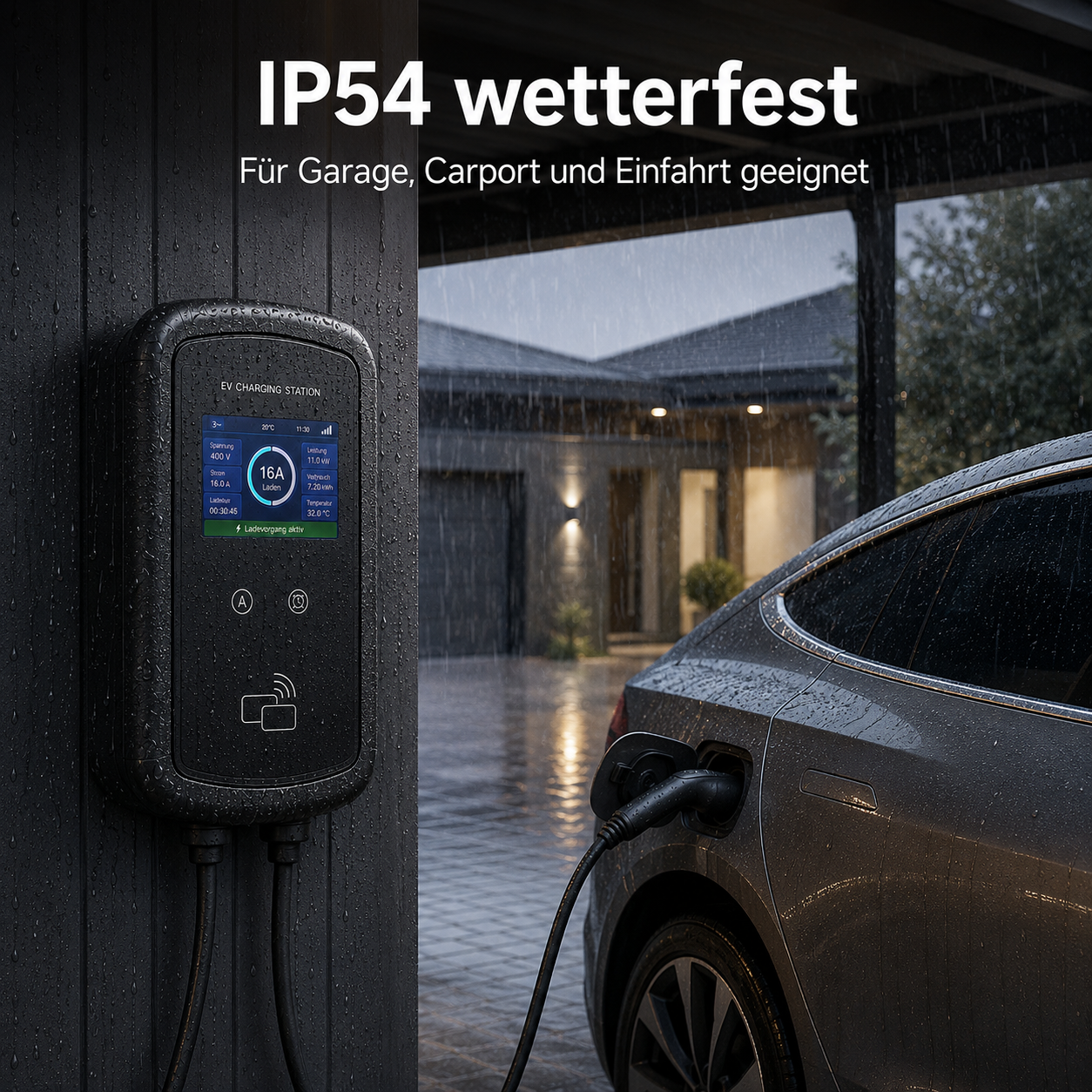 Graues Elektroauto lädt an Ladestation im Regen. Wetterfestes Gehäuse.
