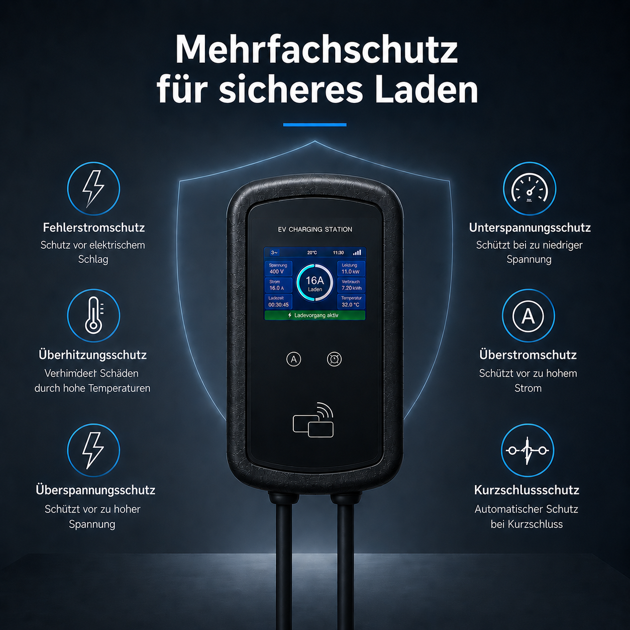 EV Ladestation mit Mehrfachschutz, zeigt Ladedaten und Schutzfunktionen an.