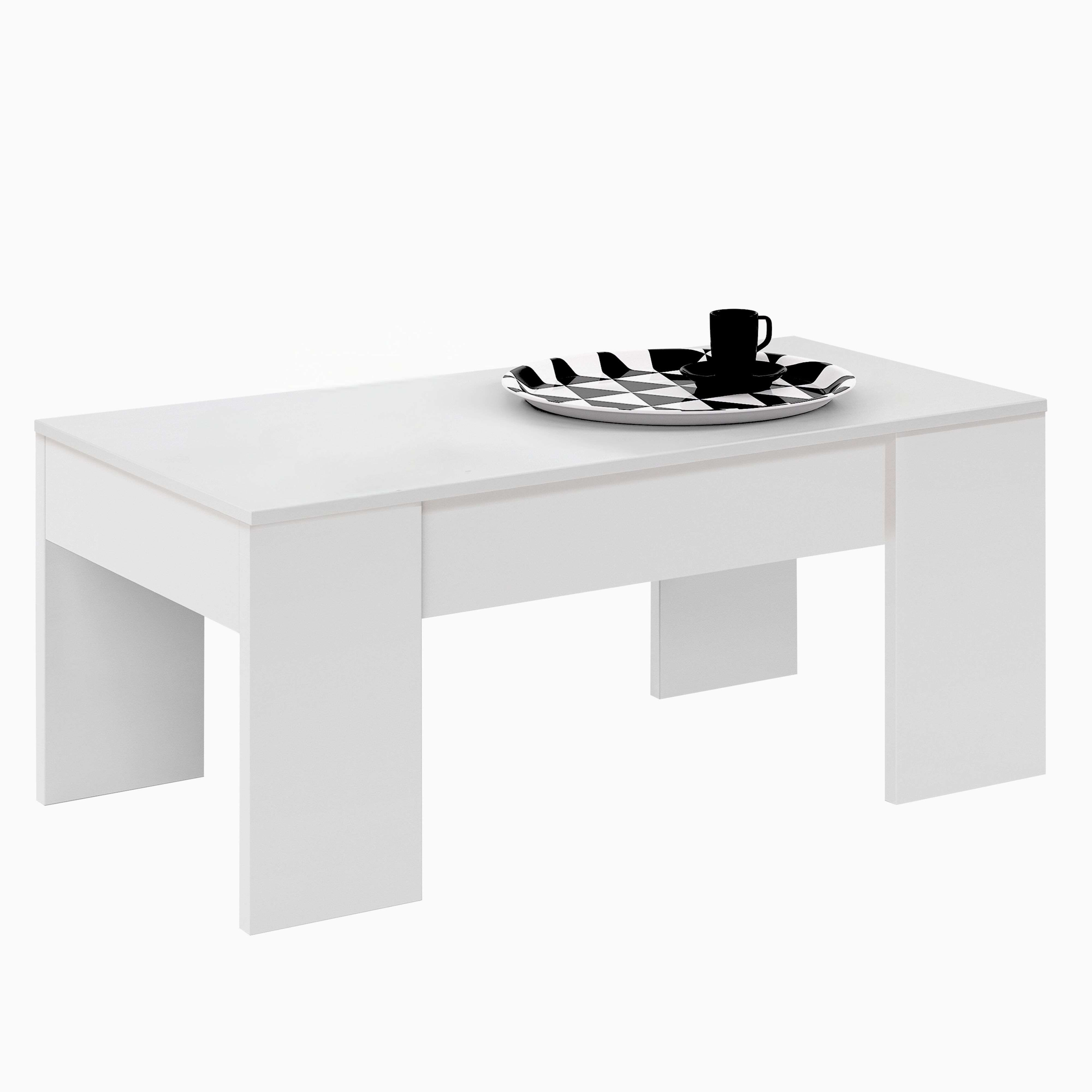 Una mesa de centro blanca con una bandeja, taza y platillo encima.