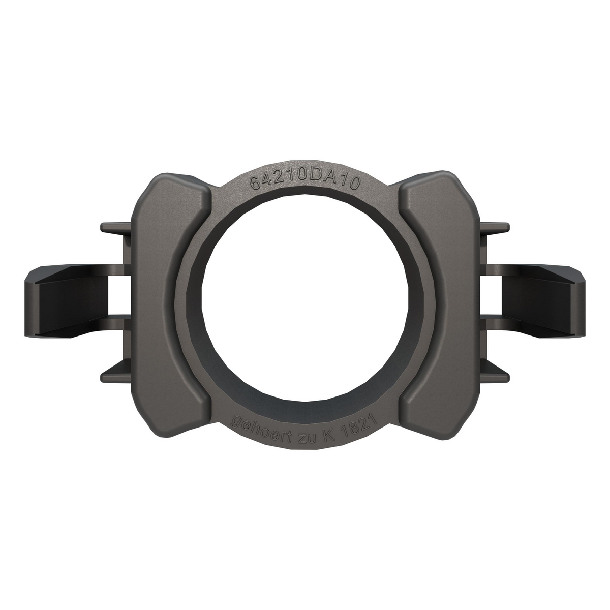 Grauer Adapter mit Ring und seitlichen Klammern. Beschriftung oben und unten.