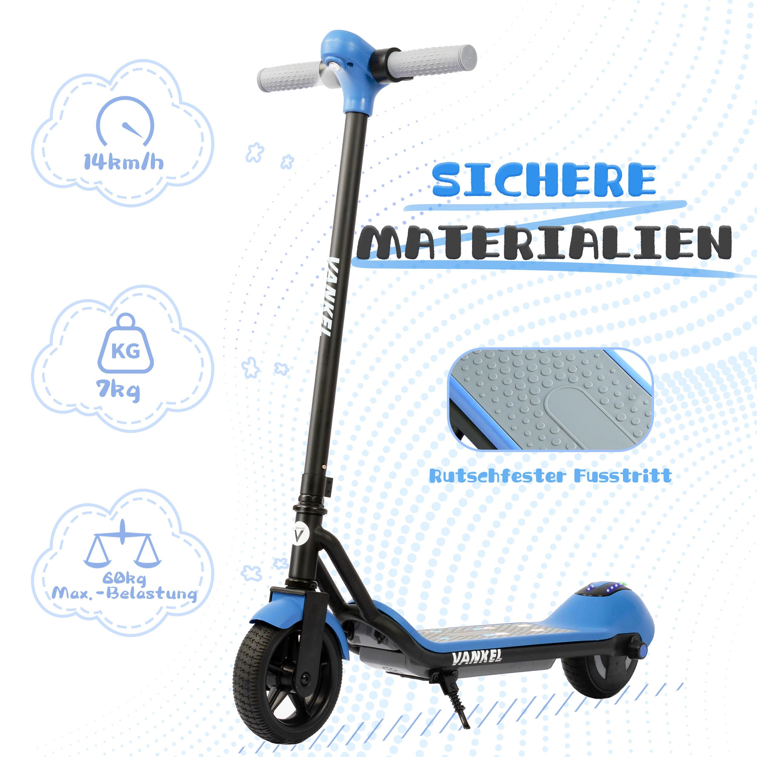 Ein blau-schwarzer Elektroroller mit Informationen zu Geschwindigkeit, Gewicht und Belastung.