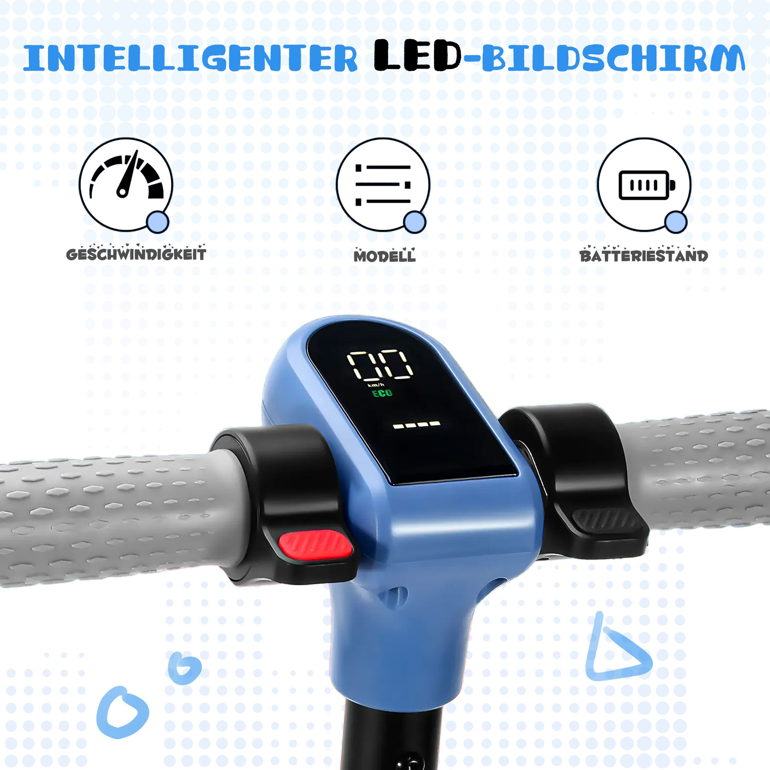Blauer Elektroroller-Lenker mit digitalem Display und Symbolen für Geschwindigkeit, Modell, Akkustand.