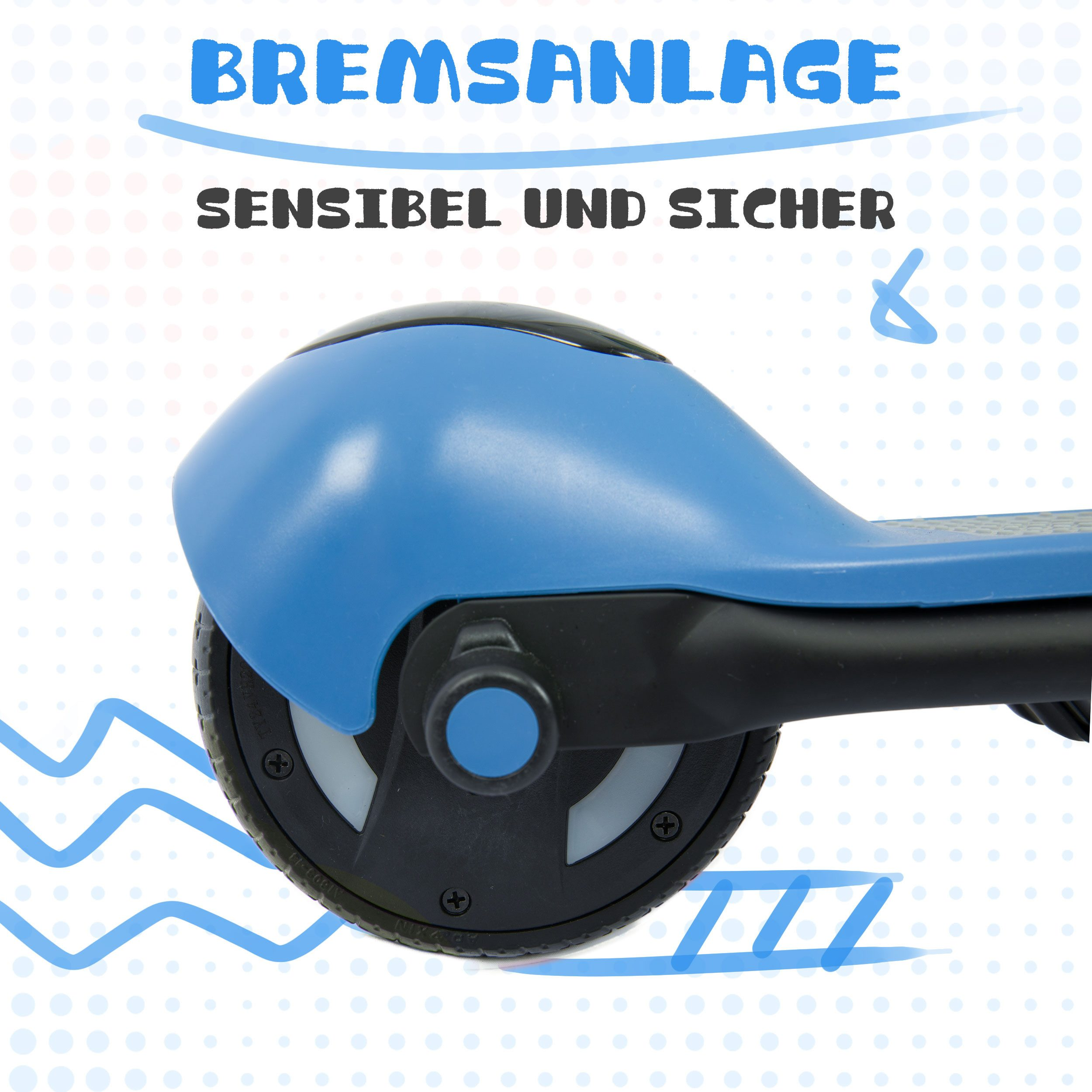 Ein blauer Roller mit schwarzem Rad und Text.
