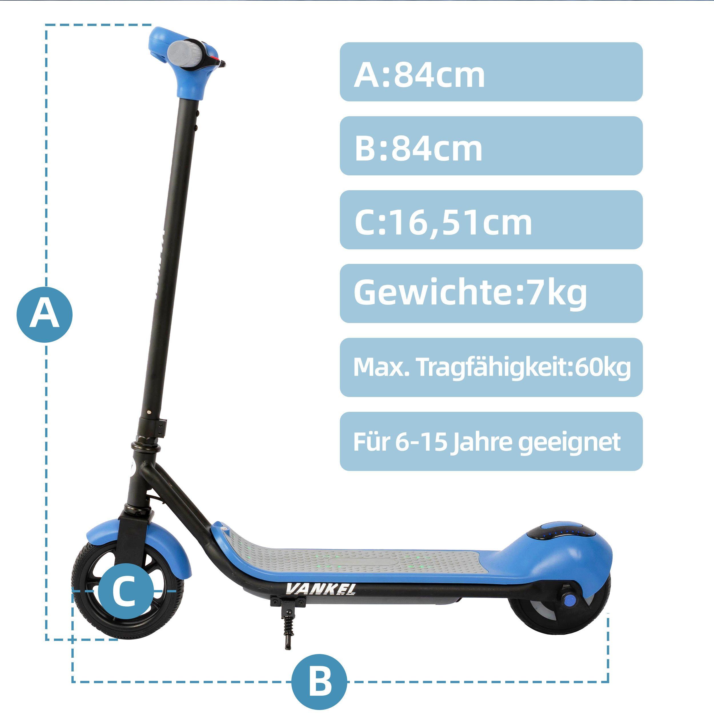 Ein blauer und schwarzer Roller mit Maßen und Gewichtsangaben.