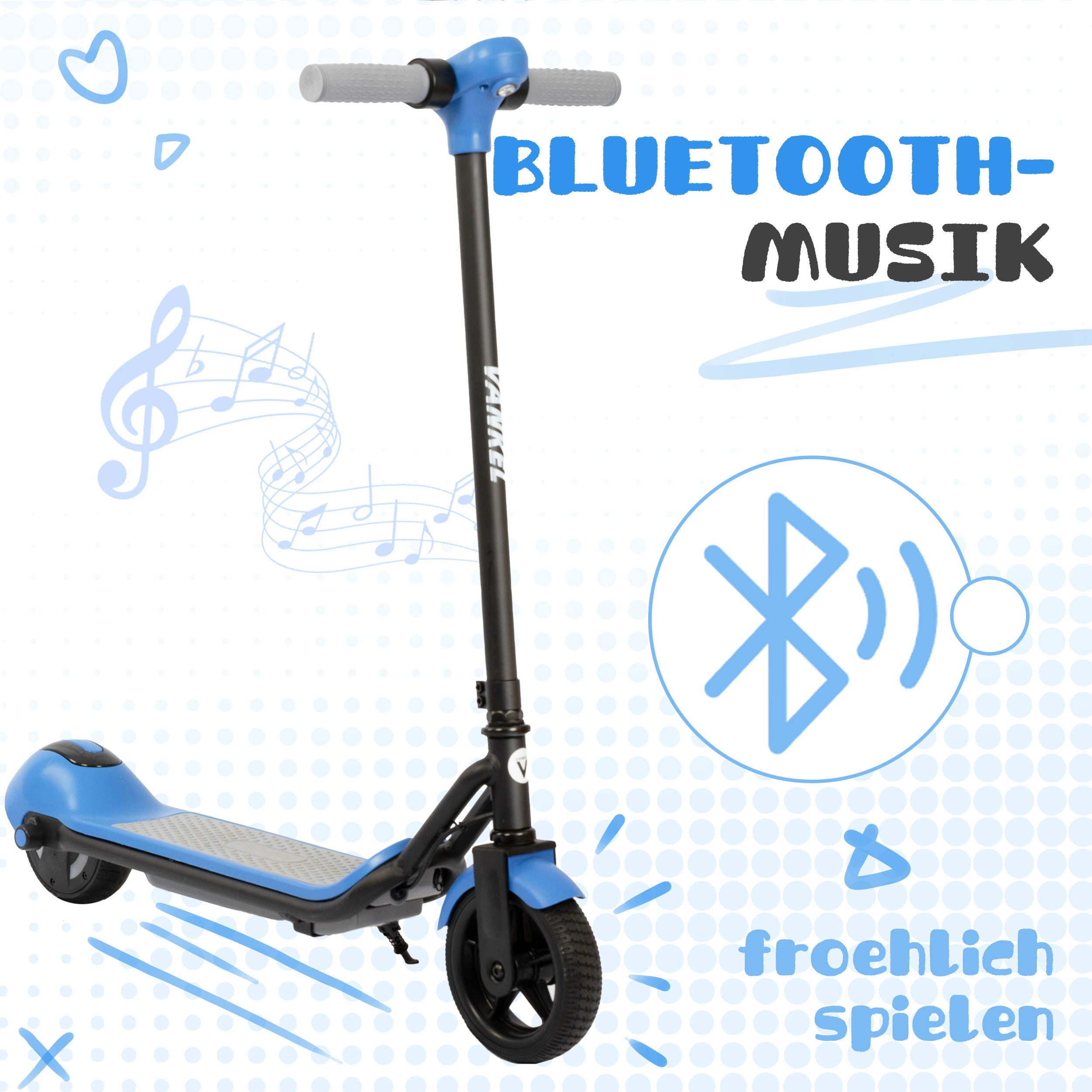 Blauer Roller mit Bluetooth-Symbol und Musiknoten. Text: Froehlich spielen.