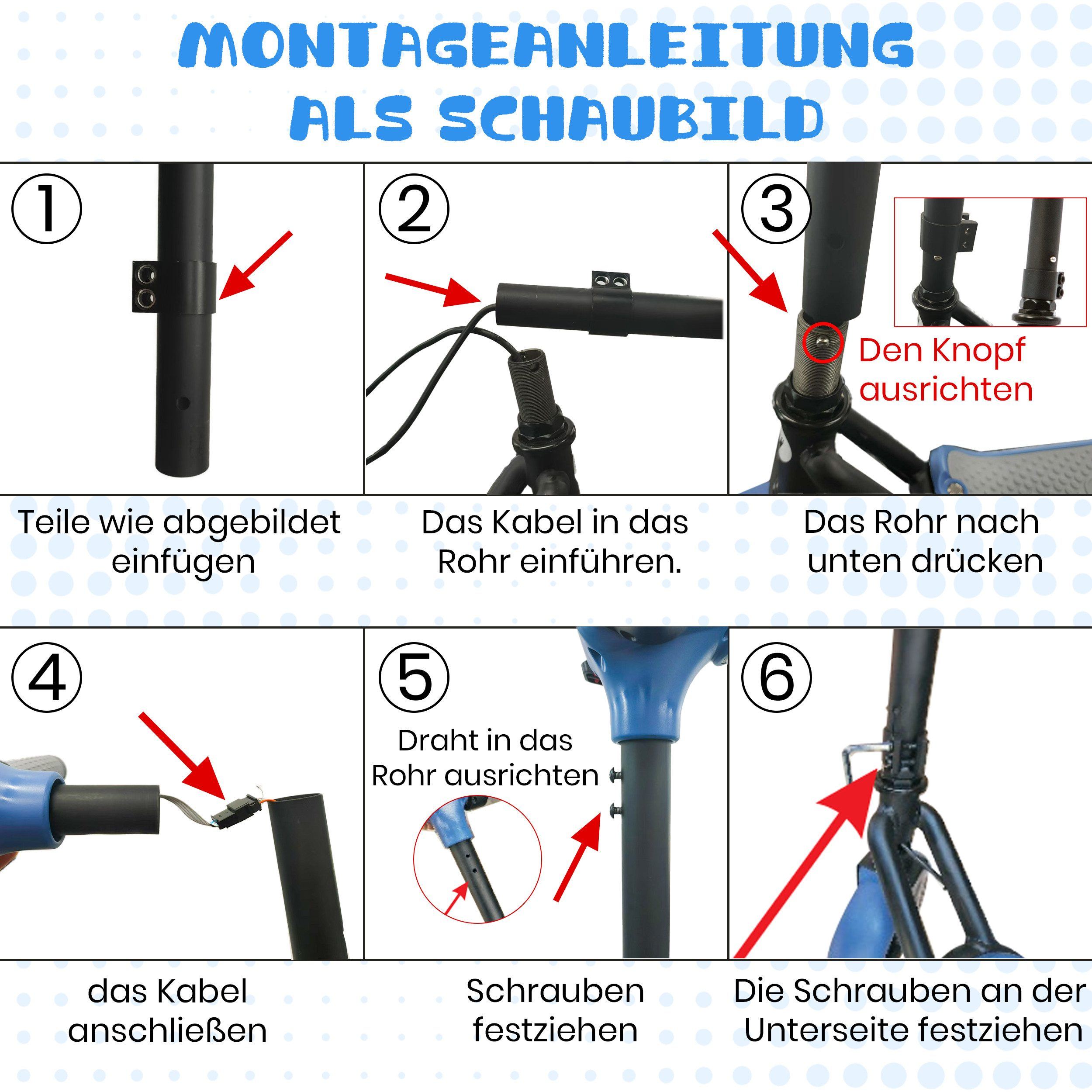 Schritt-für-Schritt-Anleitung zum Zusammenbau von Teilen mit Pfeilen und Text.