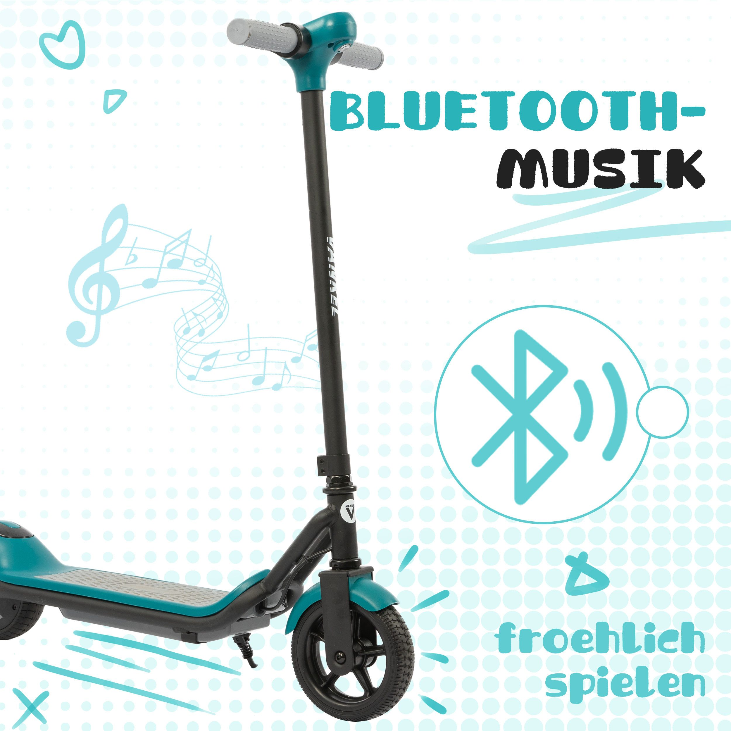Ein türkisfarbener Elektroroller mit Bluetooth-Symbol und Musiknoten.