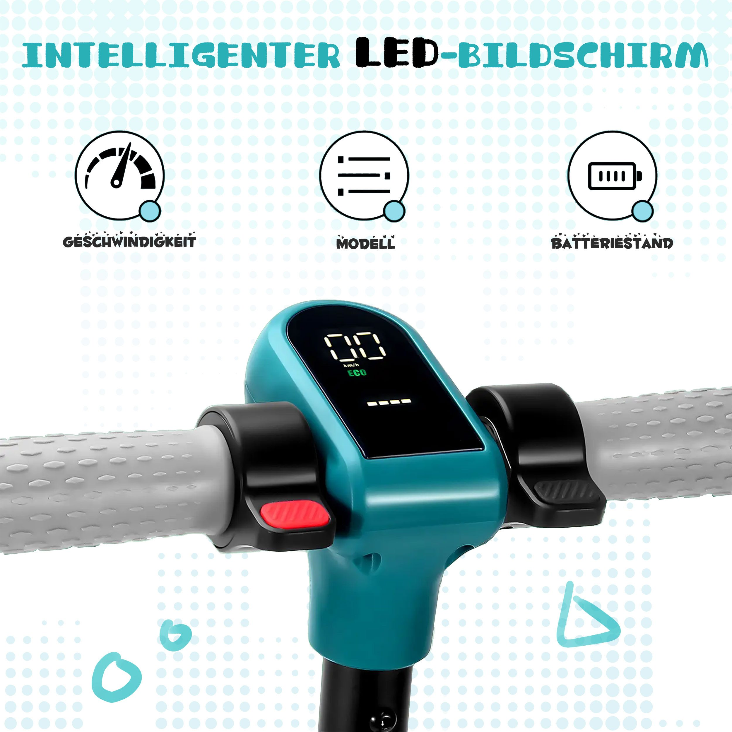 Intelligenter LED-Bildschirm mit Icons für Geschwindigkeit, Modell und Batteriestand.