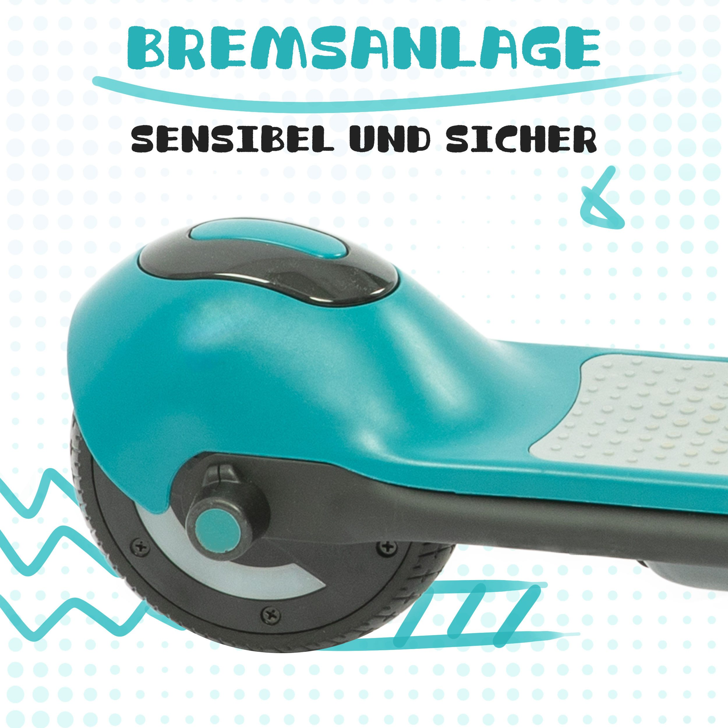 Teil eines türkisfarbenen Rollers mit Bremsanlage.