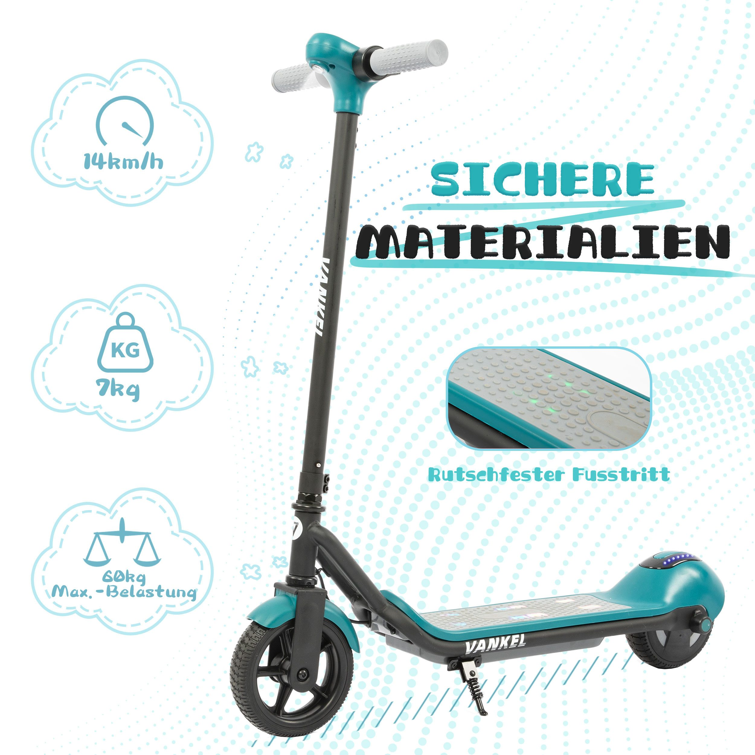 Ein türkiser Elektroroller mit schwarzen Details, 7kg leicht, 14km/h schnell, 60kg max.