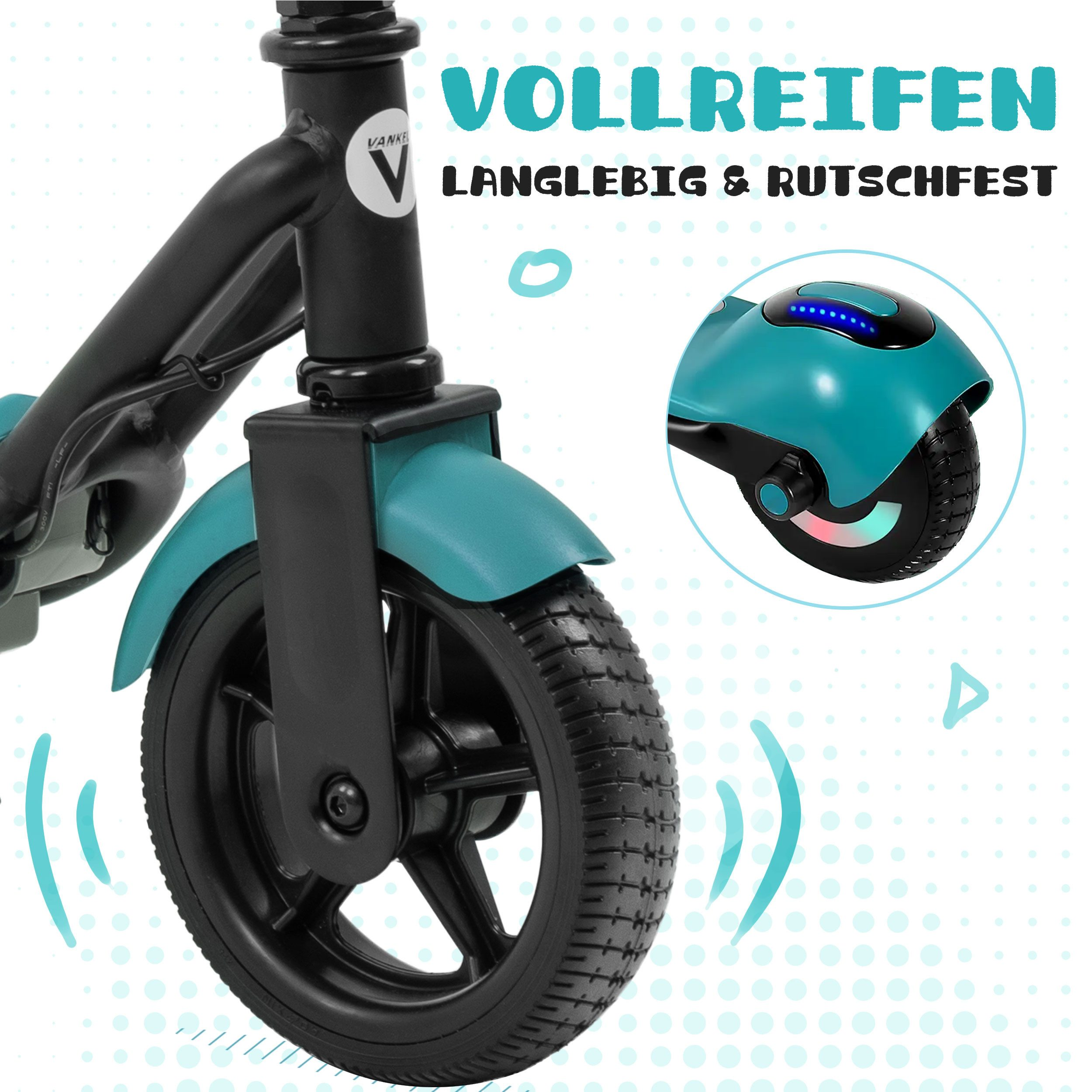 Nahaufnahme eines türkisfarbenen Rollers mit schwarzem Rahmen und Reifen.