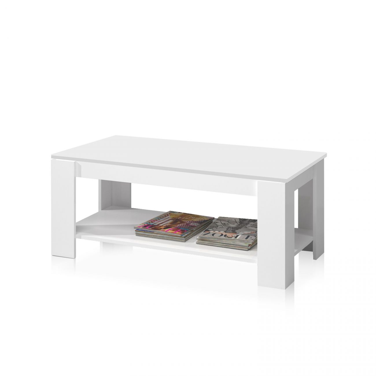 Una mesa de centro blanca rectangular con un estante que sostiene dos revistas.