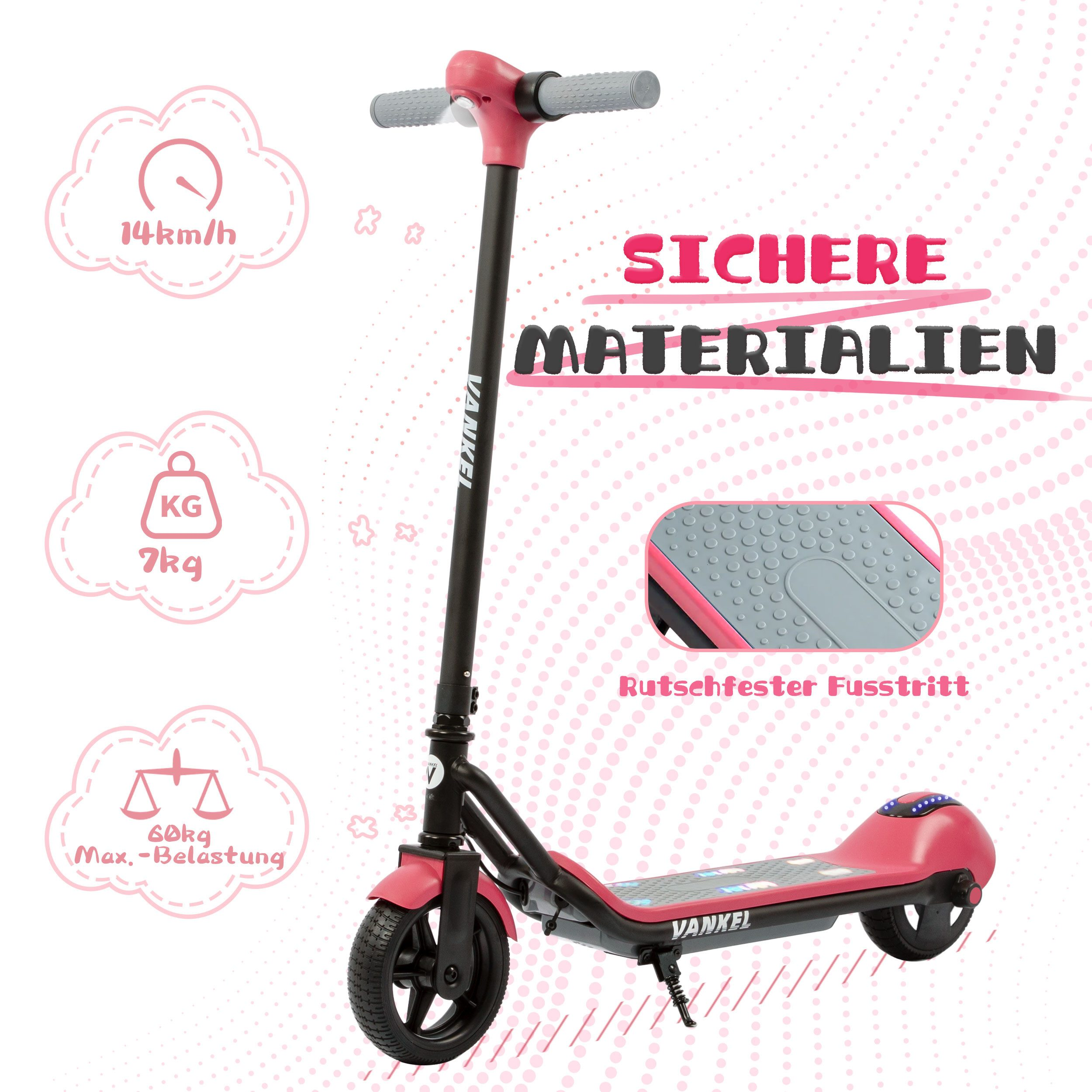 Ein pinkfarbener Elektroroller mit schwarzen Details, 14 km/h, 7 kg und 60 kg Max. Last.