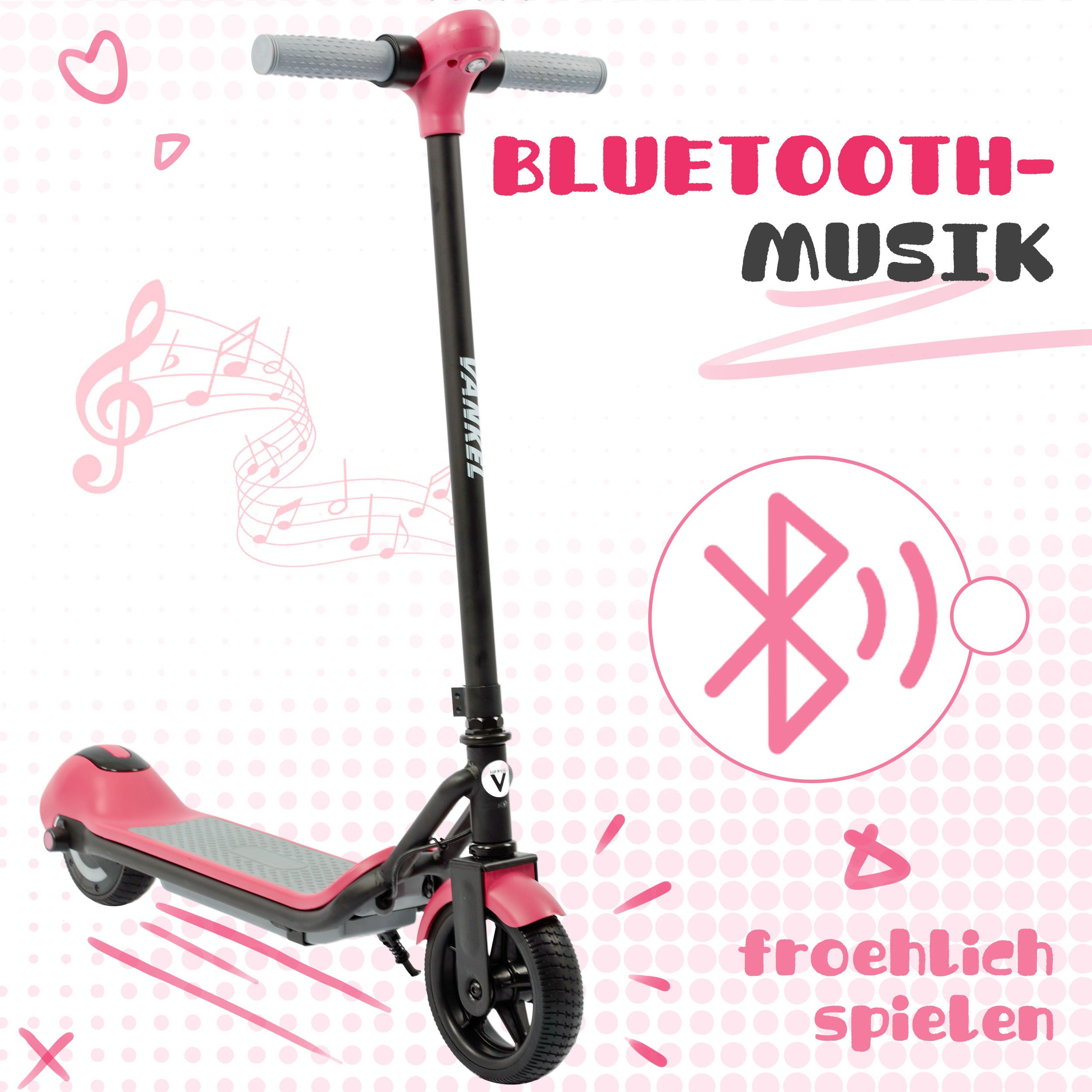 Ein rosa Elektroroller mit Bluetooth-Symbol und Noten.