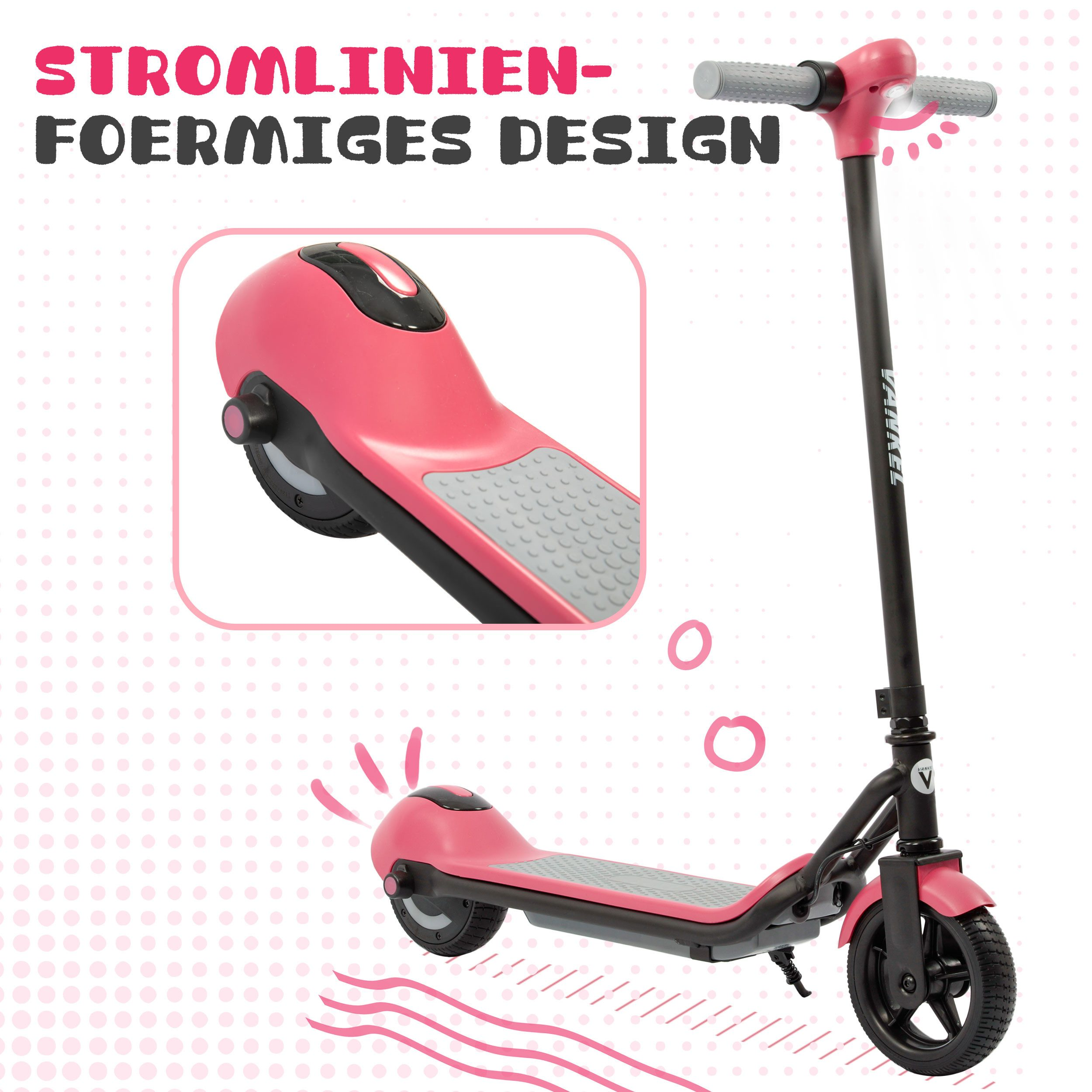 Ein rosafarbener Roller mit schwarzem Lenker und einem Ausschnitt des Decks.