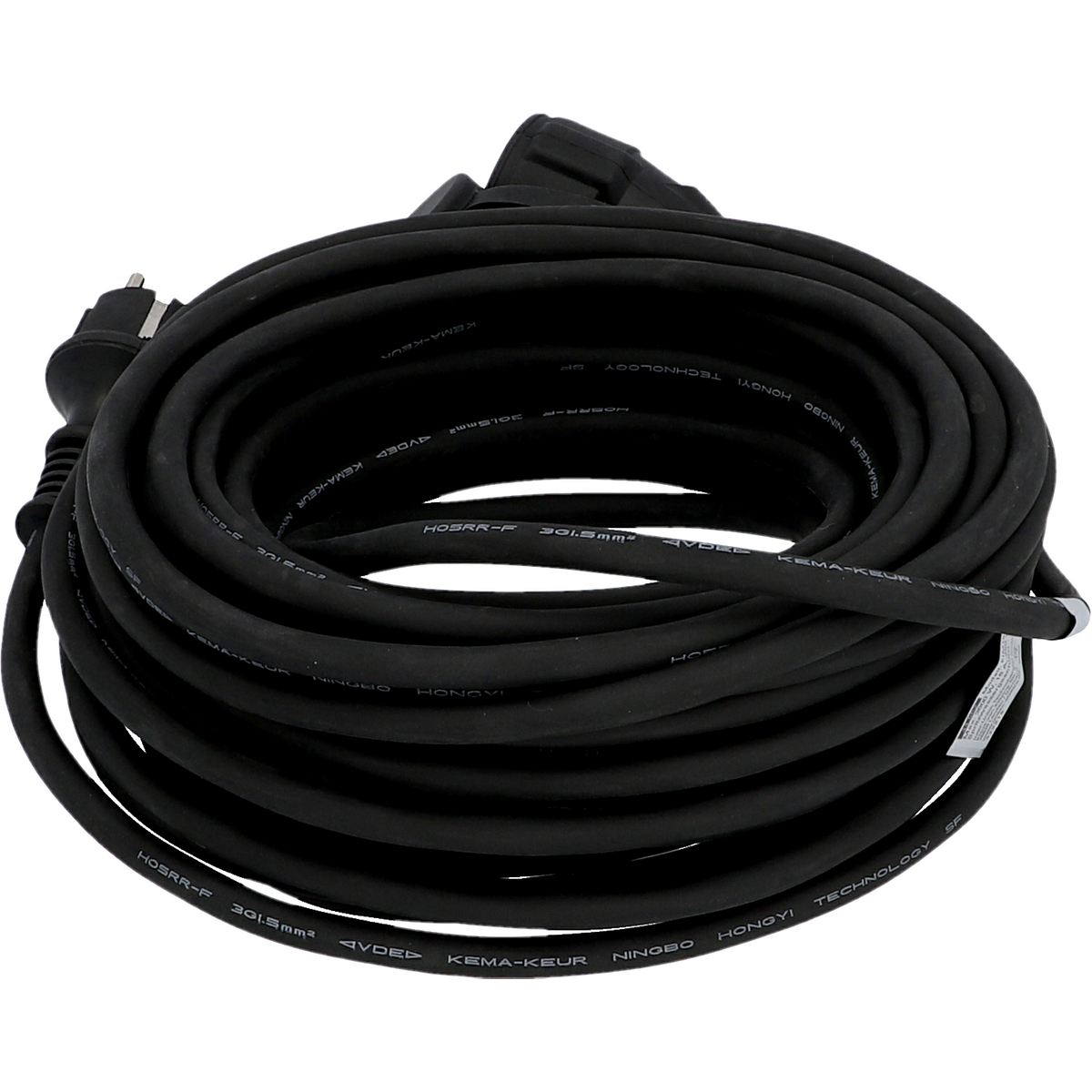 Eine aufgerollte schwarze Stromkabel mit europäischem Stecker und Steckdose. Text ist sichtbar.