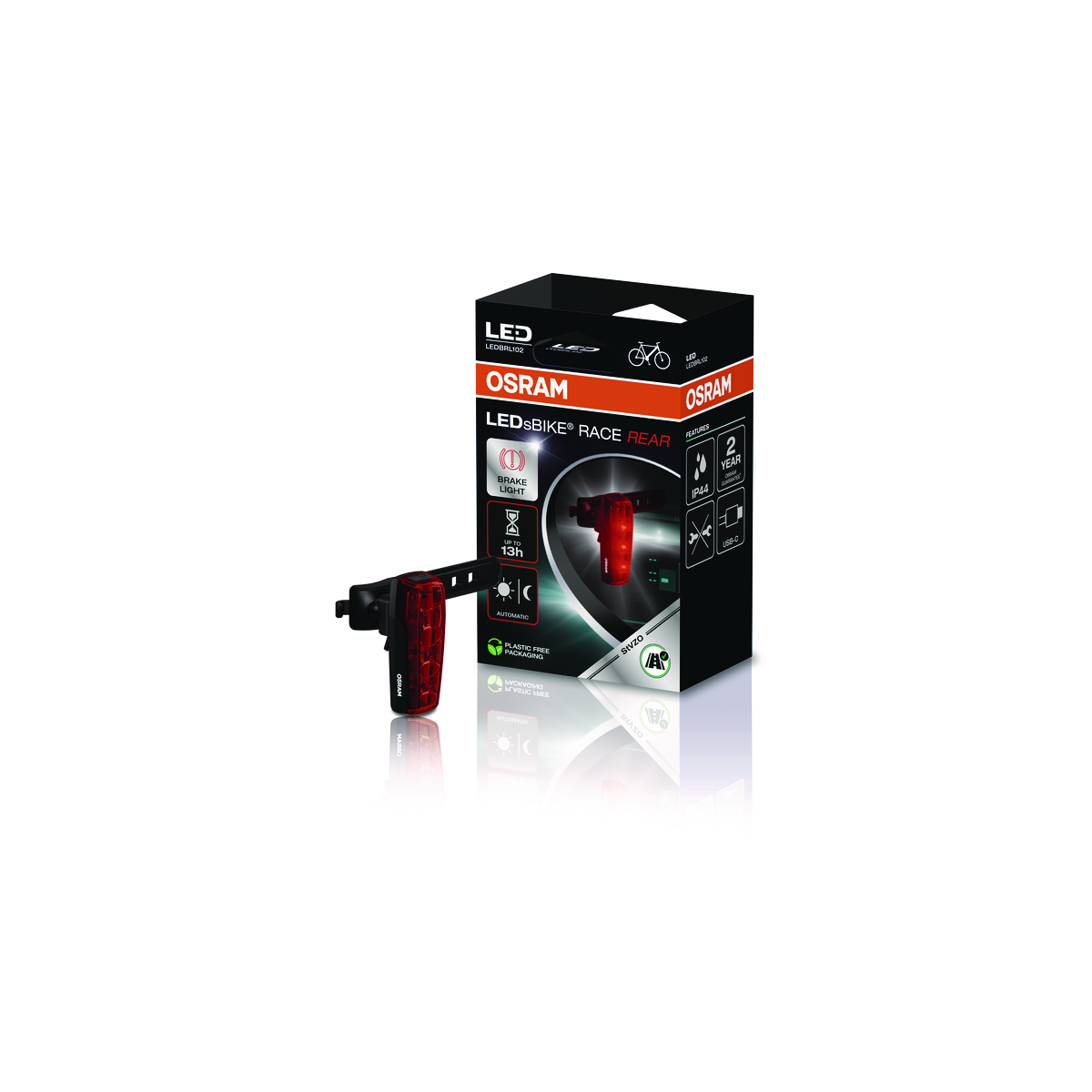 Osram LED Fahrradrücklicht RACE REAR mit Verpackung, rote Bremslichtfunktion.