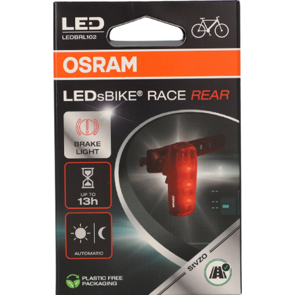 Verpackung für Osram LED Fahrradrücklicht mit Bremslichtfunktion.